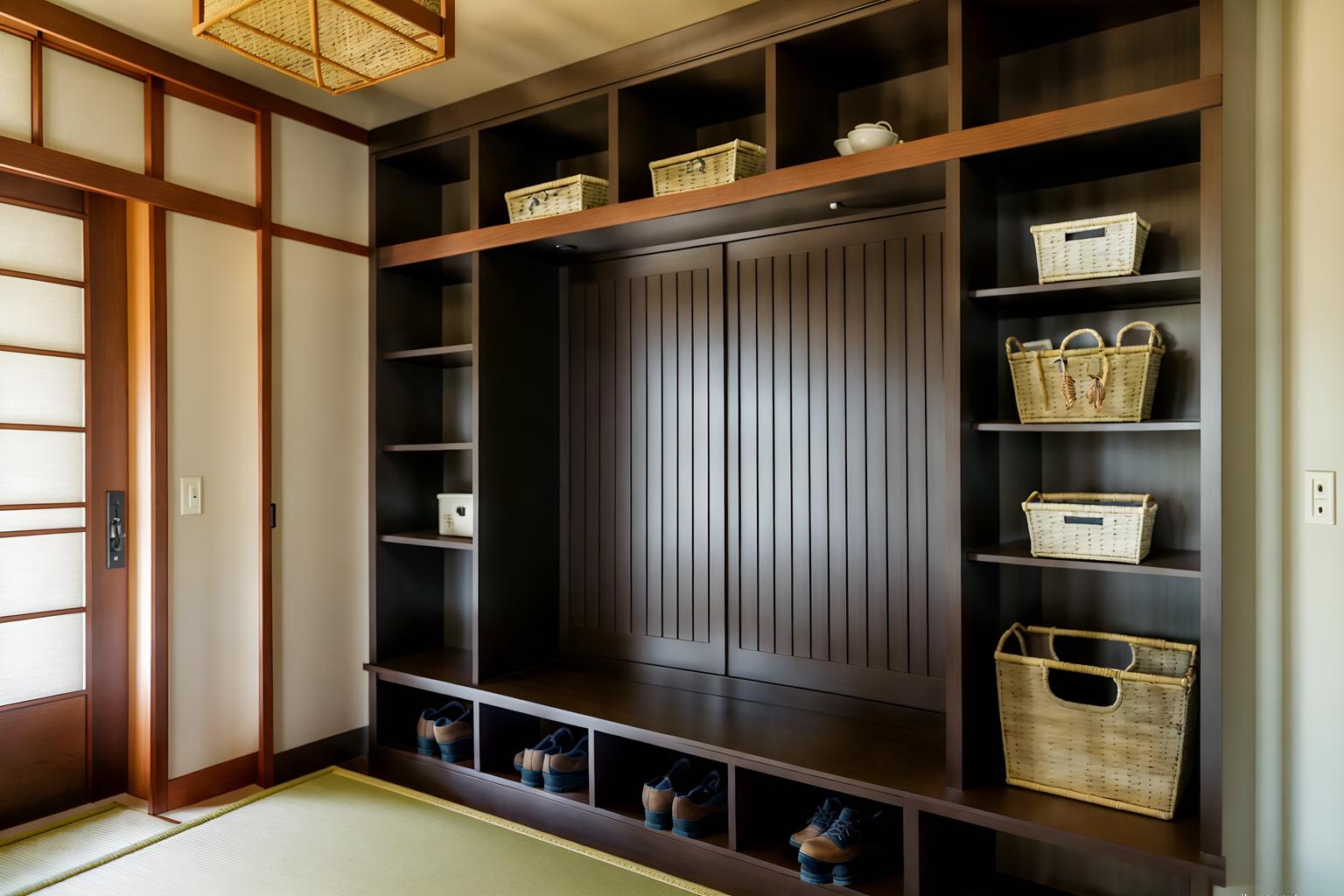 japanese design-style (mudroom interior) with storage baskets and a bench and cabinets and wall hooks for coats and storage drawers and shelves for shoes and cubbies and high up storage. . with . . cinematic photo, highly detailed, cinematic lighting, ultra-detailed, ultrarealistic, photorealism, 8k. japanese design interior design style. masterpiece, cinematic light, ultrarealistic+, photorealistic+, 8k, raw photo, realistic, sharp focus on eyes, (symmetrical eyes), (intact eyes), hyperrealistic, highest quality, best quality, , highly detailed, masterpiece, best quality, extremely detailed 8k wallpaper, masterpiece, best quality, ultra-detailed, best shadow, detailed background, detailed face, detailed eyes, high contrast, best illumination, detailed face, dulux, caustic, dynamic angle, detailed glow. dramatic lighting. highly detailed, insanely detailed hair, symmetrical, intricate details, professionally retouched, 8k high definition. strong bokeh. award winning photo.