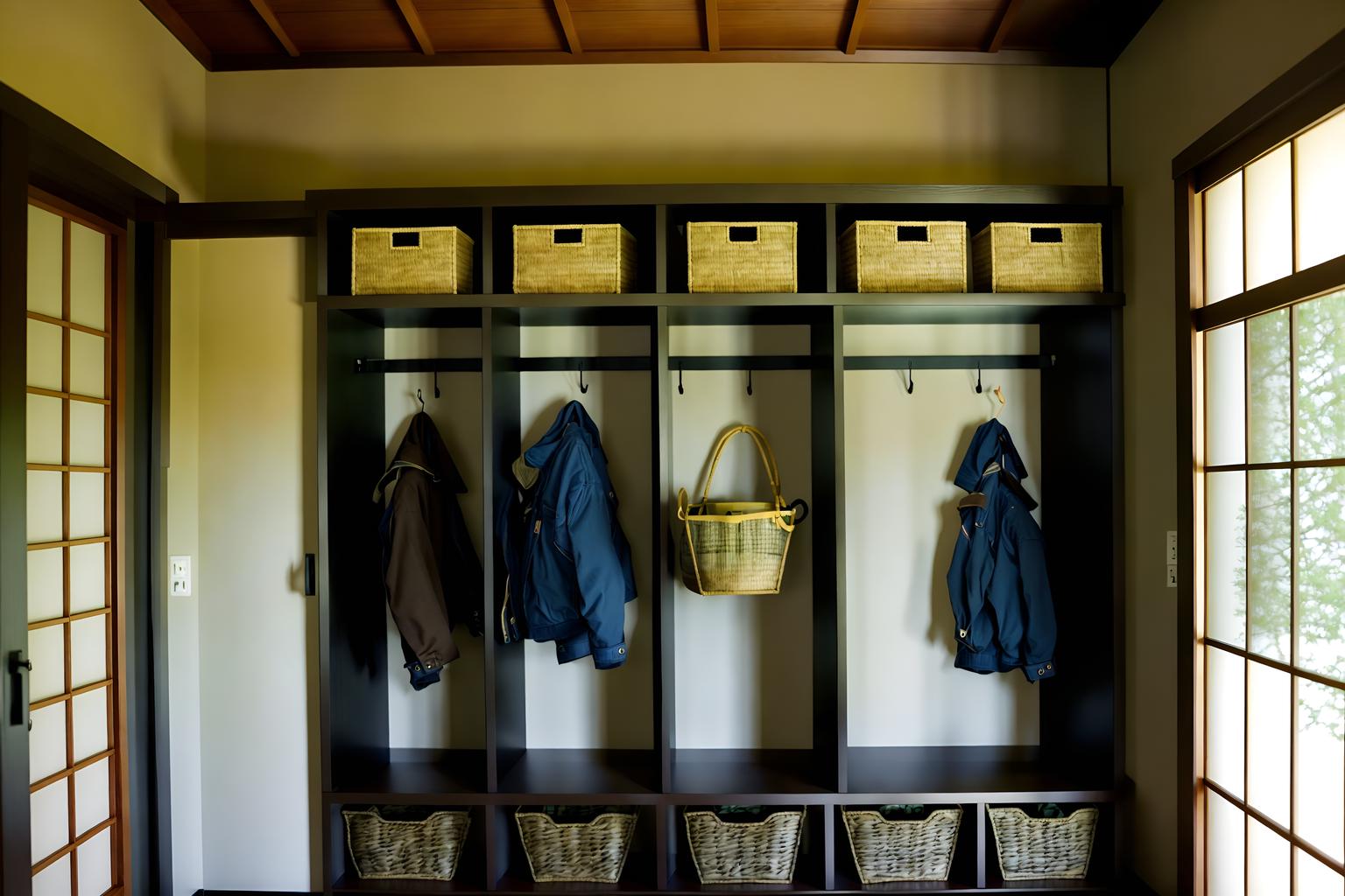 japanese design-style (mudroom interior) with storage baskets and a bench and cabinets and wall hooks for coats and storage drawers and shelves for shoes and cubbies and high up storage. . with . . cinematic photo, highly detailed, cinematic lighting, ultra-detailed, ultrarealistic, photorealism, 8k. japanese design interior design style. masterpiece, cinematic light, ultrarealistic+, photorealistic+, 8k, raw photo, realistic, sharp focus on eyes, (symmetrical eyes), (intact eyes), hyperrealistic, highest quality, best quality, , highly detailed, masterpiece, best quality, extremely detailed 8k wallpaper, masterpiece, best quality, ultra-detailed, best shadow, detailed background, detailed face, detailed eyes, high contrast, best illumination, detailed face, dulux, caustic, dynamic angle, detailed glow. dramatic lighting. highly detailed, insanely detailed hair, symmetrical, intricate details, professionally retouched, 8k high definition. strong bokeh. award winning photo.