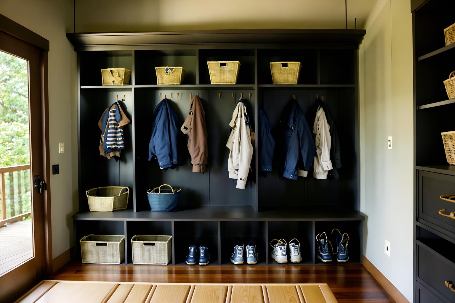 japanese design-style (mudroom interior) with storage baskets and a bench and cabinets and wall hooks for coats and storage drawers and shelves for shoes and cubbies and high up storage. . with . . cinematic photo, highly detailed, cinematic lighting, ultra-detailed, ultrarealistic, photorealism, 8k. japanese design interior design style. masterpiece, cinematic light, ultrarealistic+, photorealistic+, 8k, raw photo, realistic, sharp focus on eyes, (symmetrical eyes), (intact eyes), hyperrealistic, highest quality, best quality, , highly detailed, masterpiece, best quality, extremely detailed 8k wallpaper, masterpiece, best quality, ultra-detailed, best shadow, detailed background, detailed face, detailed eyes, high contrast, best illumination, detailed face, dulux, caustic, dynamic angle, detailed glow. dramatic lighting. highly detailed, insanely detailed hair, symmetrical, intricate details, professionally retouched, 8k high definition. strong bokeh. award winning photo.