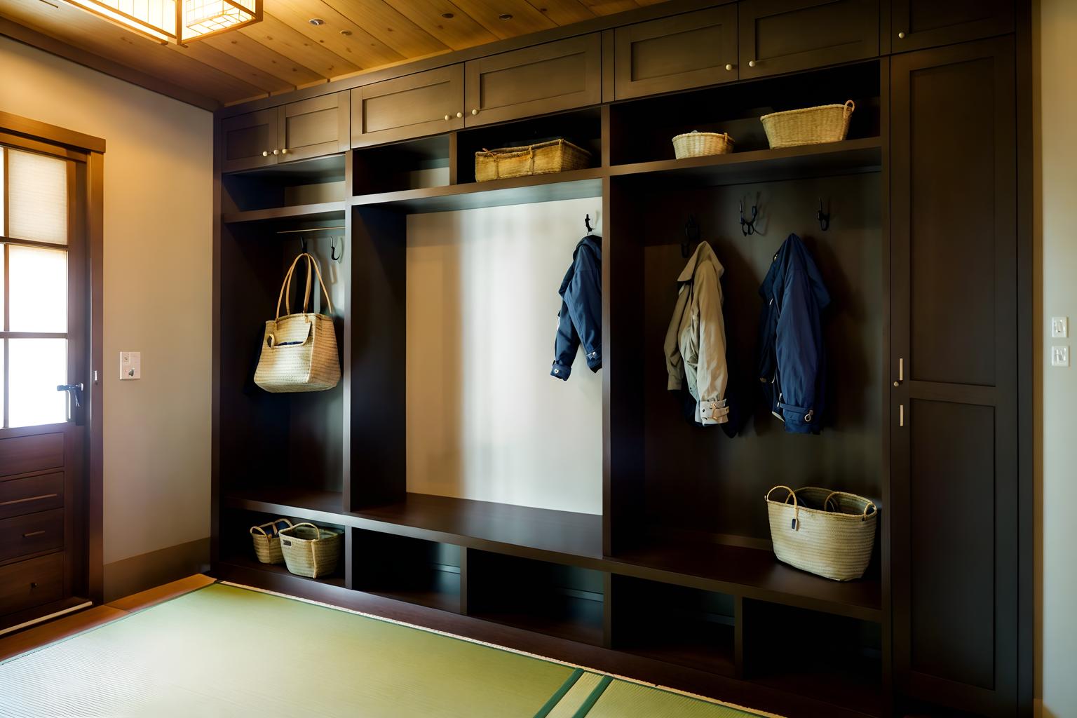 japanese design-style (mudroom interior) with storage baskets and a bench and cabinets and wall hooks for coats and storage drawers and shelves for shoes and cubbies and high up storage. . with . . cinematic photo, highly detailed, cinematic lighting, ultra-detailed, ultrarealistic, photorealism, 8k. japanese design interior design style. masterpiece, cinematic light, ultrarealistic+, photorealistic+, 8k, raw photo, realistic, sharp focus on eyes, (symmetrical eyes), (intact eyes), hyperrealistic, highest quality, best quality, , highly detailed, masterpiece, best quality, extremely detailed 8k wallpaper, masterpiece, best quality, ultra-detailed, best shadow, detailed background, detailed face, detailed eyes, high contrast, best illumination, detailed face, dulux, caustic, dynamic angle, detailed glow. dramatic lighting. highly detailed, insanely detailed hair, symmetrical, intricate details, professionally retouched, 8k high definition. strong bokeh. award winning photo.