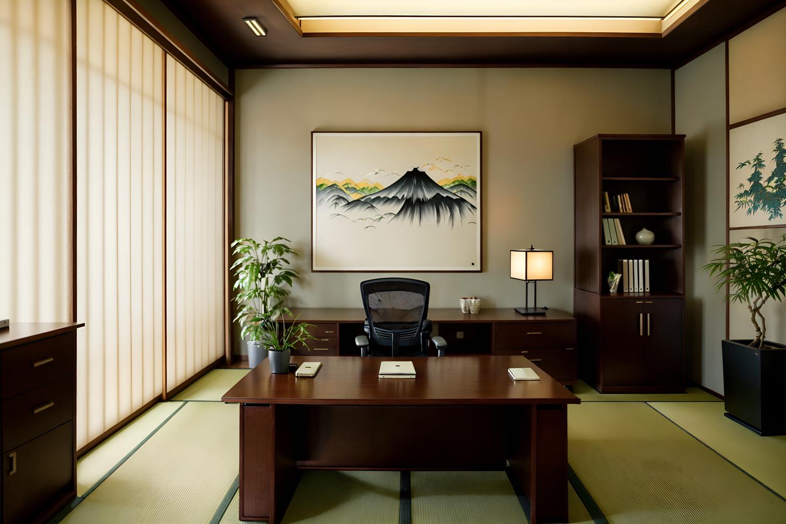 japanese design-style (home office interior) with cabinets and plant and desk lamp and office chair and computer desk and cabinets. . with . . cinematic photo, highly detailed, cinematic lighting, ultra-detailed, ultrarealistic, photorealism, 8k. japanese design interior design style. masterpiece, cinematic light, ultrarealistic+, photorealistic+, 8k, raw photo, realistic, sharp focus on eyes, (symmetrical eyes), (intact eyes), hyperrealistic, highest quality, best quality, , highly detailed, masterpiece, best quality, extremely detailed 8k wallpaper, masterpiece, best quality, ultra-detailed, best shadow, detailed background, detailed face, detailed eyes, high contrast, best illumination, detailed face, dulux, caustic, dynamic angle, detailed glow. dramatic lighting. highly detailed, insanely detailed hair, symmetrical, intricate details, professionally retouched, 8k high definition. strong bokeh. award winning photo.