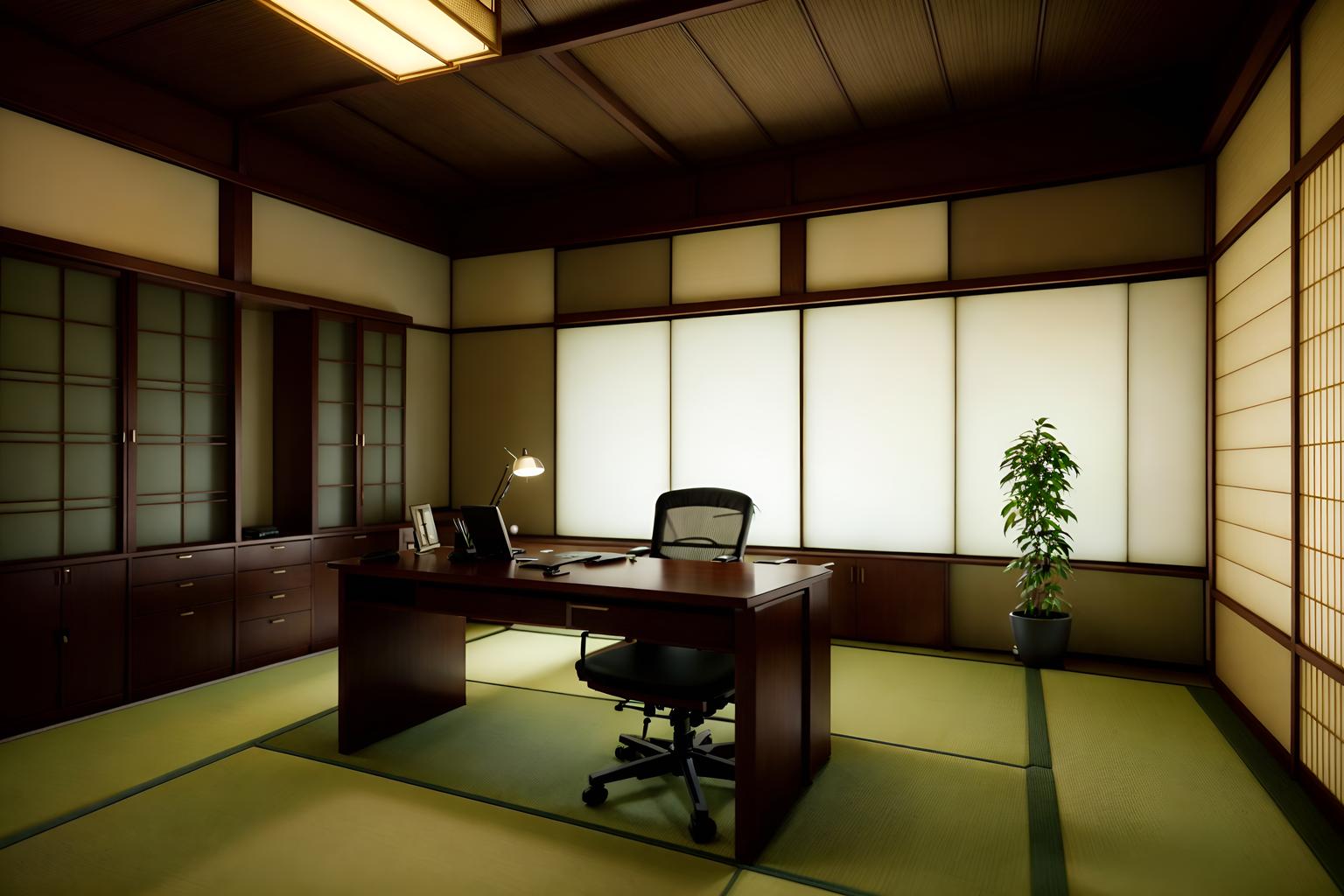 japanese design-style (home office interior) with cabinets and plant and desk lamp and office chair and computer desk and cabinets. . with . . cinematic photo, highly detailed, cinematic lighting, ultra-detailed, ultrarealistic, photorealism, 8k. japanese design interior design style. masterpiece, cinematic light, ultrarealistic+, photorealistic+, 8k, raw photo, realistic, sharp focus on eyes, (symmetrical eyes), (intact eyes), hyperrealistic, highest quality, best quality, , highly detailed, masterpiece, best quality, extremely detailed 8k wallpaper, masterpiece, best quality, ultra-detailed, best shadow, detailed background, detailed face, detailed eyes, high contrast, best illumination, detailed face, dulux, caustic, dynamic angle, detailed glow. dramatic lighting. highly detailed, insanely detailed hair, symmetrical, intricate details, professionally retouched, 8k high definition. strong bokeh. award winning photo.