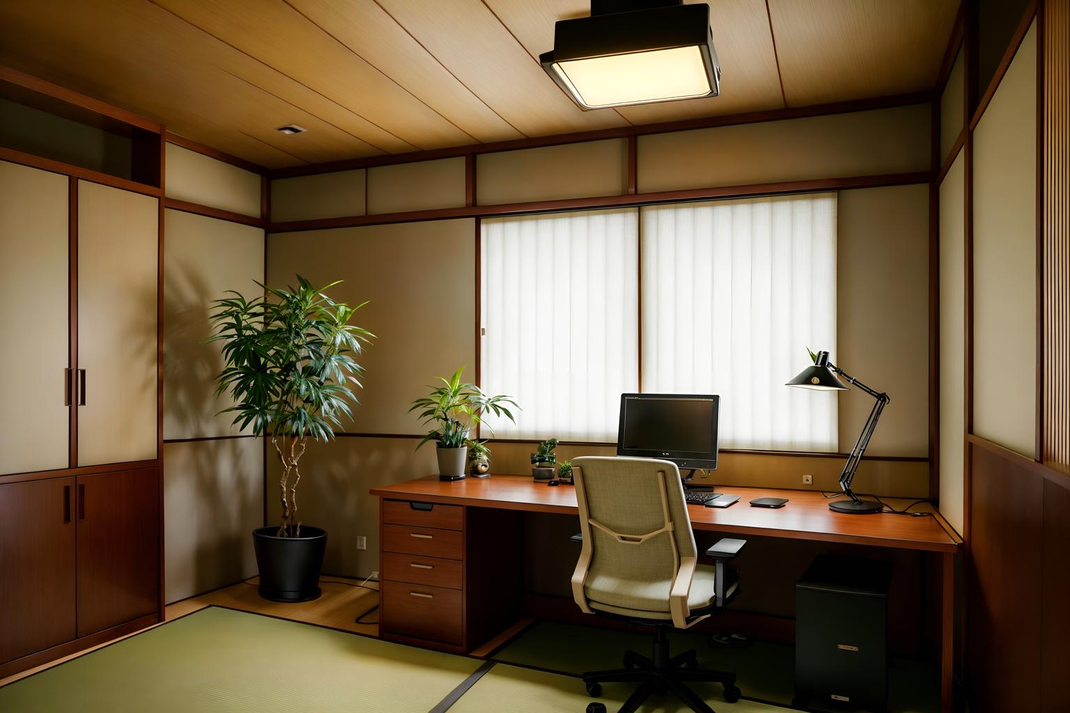 japanese design-style (home office interior) with cabinets and plant and desk lamp and office chair and computer desk and cabinets. . with . . cinematic photo, highly detailed, cinematic lighting, ultra-detailed, ultrarealistic, photorealism, 8k. japanese design interior design style. masterpiece, cinematic light, ultrarealistic+, photorealistic+, 8k, raw photo, realistic, sharp focus on eyes, (symmetrical eyes), (intact eyes), hyperrealistic, highest quality, best quality, , highly detailed, masterpiece, best quality, extremely detailed 8k wallpaper, masterpiece, best quality, ultra-detailed, best shadow, detailed background, detailed face, detailed eyes, high contrast, best illumination, detailed face, dulux, caustic, dynamic angle, detailed glow. dramatic lighting. highly detailed, insanely detailed hair, symmetrical, intricate details, professionally retouched, 8k high definition. strong bokeh. award winning photo.