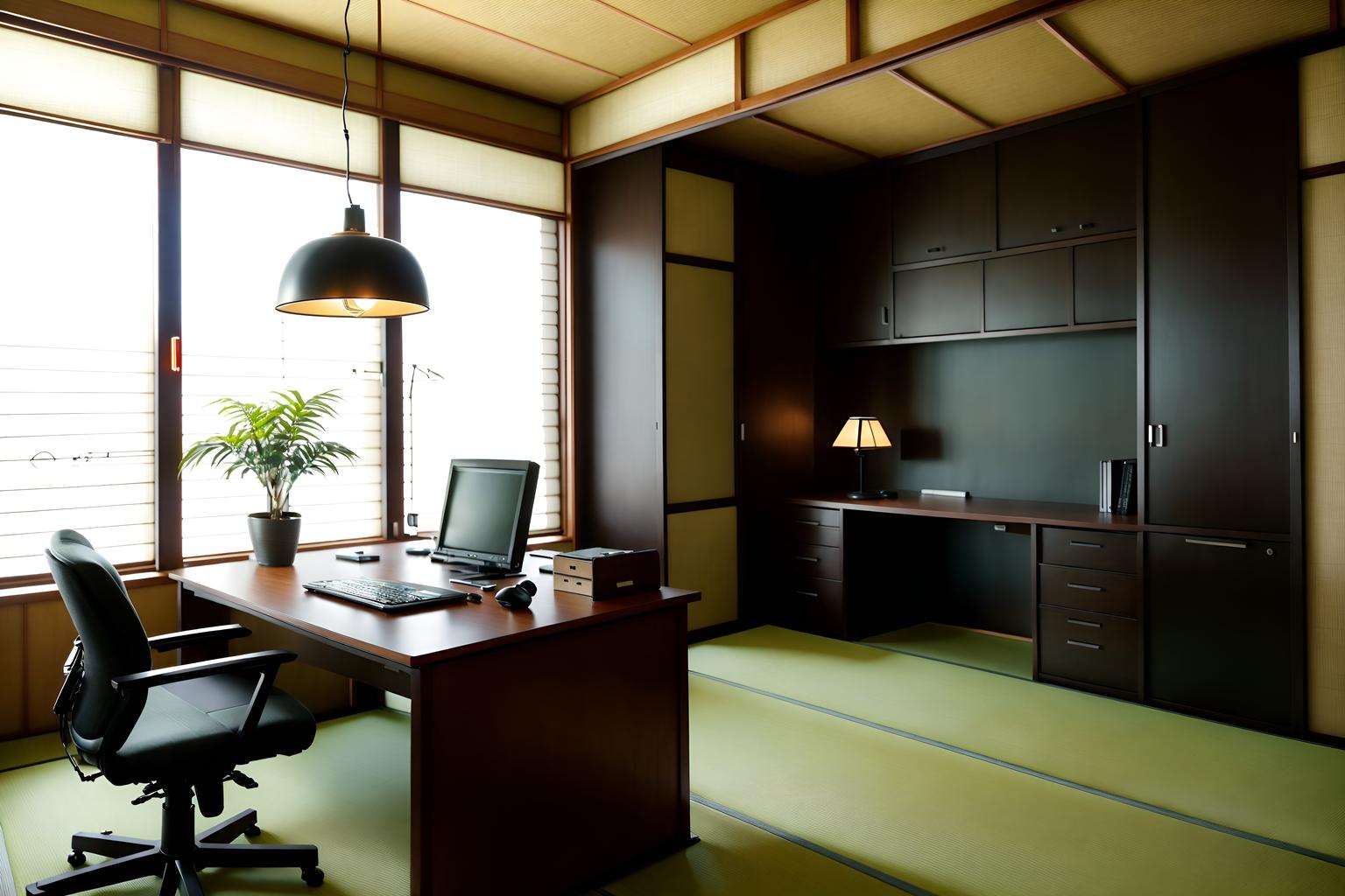 japanese design-style (home office interior) with cabinets and plant and desk lamp and office chair and computer desk and cabinets. . with . . cinematic photo, highly detailed, cinematic lighting, ultra-detailed, ultrarealistic, photorealism, 8k. japanese design interior design style. masterpiece, cinematic light, ultrarealistic+, photorealistic+, 8k, raw photo, realistic, sharp focus on eyes, (symmetrical eyes), (intact eyes), hyperrealistic, highest quality, best quality, , highly detailed, masterpiece, best quality, extremely detailed 8k wallpaper, masterpiece, best quality, ultra-detailed, best shadow, detailed background, detailed face, detailed eyes, high contrast, best illumination, detailed face, dulux, caustic, dynamic angle, detailed glow. dramatic lighting. highly detailed, insanely detailed hair, symmetrical, intricate details, professionally retouched, 8k high definition. strong bokeh. award winning photo.