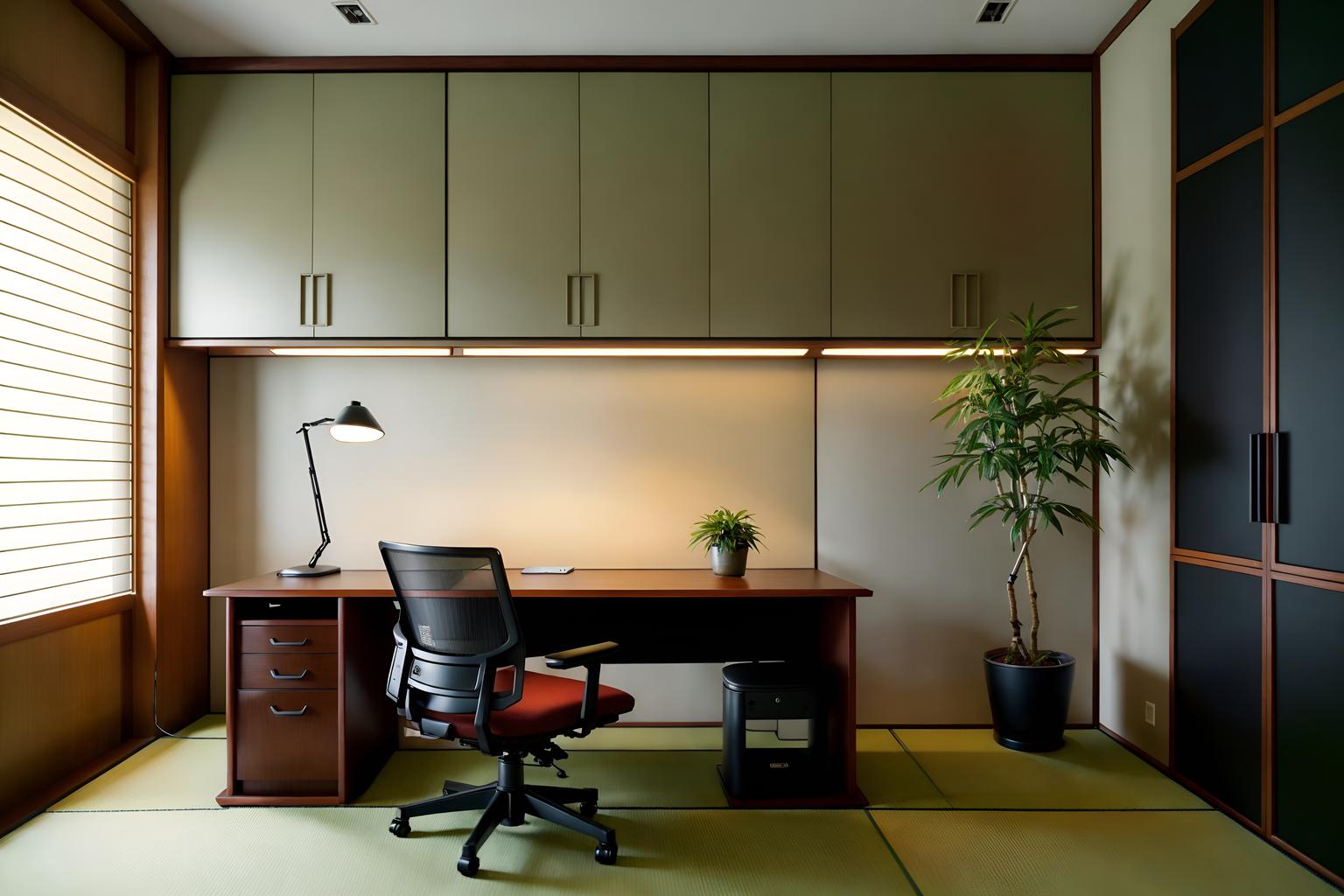 japanese design-style (home office interior) with cabinets and plant and desk lamp and office chair and computer desk and cabinets. . with . . cinematic photo, highly detailed, cinematic lighting, ultra-detailed, ultrarealistic, photorealism, 8k. japanese design interior design style. masterpiece, cinematic light, ultrarealistic+, photorealistic+, 8k, raw photo, realistic, sharp focus on eyes, (symmetrical eyes), (intact eyes), hyperrealistic, highest quality, best quality, , highly detailed, masterpiece, best quality, extremely detailed 8k wallpaper, masterpiece, best quality, ultra-detailed, best shadow, detailed background, detailed face, detailed eyes, high contrast, best illumination, detailed face, dulux, caustic, dynamic angle, detailed glow. dramatic lighting. highly detailed, insanely detailed hair, symmetrical, intricate details, professionally retouched, 8k high definition. strong bokeh. award winning photo.