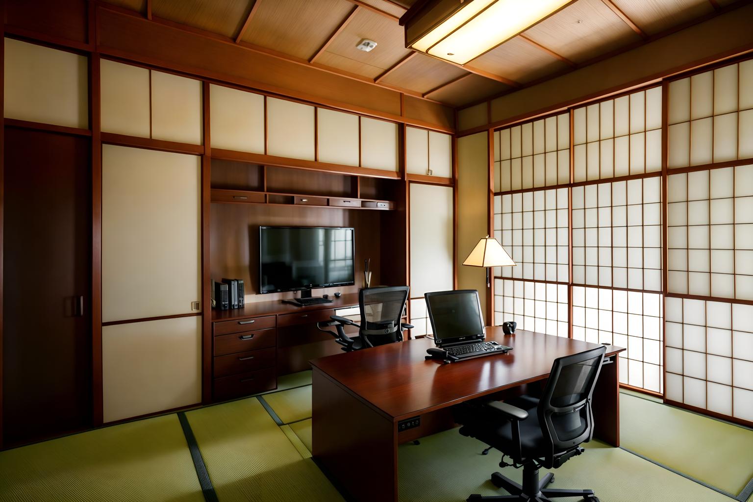 japanese design-style (home office interior) with cabinets and plant and desk lamp and office chair and computer desk and cabinets. . with . . cinematic photo, highly detailed, cinematic lighting, ultra-detailed, ultrarealistic, photorealism, 8k. japanese design interior design style. masterpiece, cinematic light, ultrarealistic+, photorealistic+, 8k, raw photo, realistic, sharp focus on eyes, (symmetrical eyes), (intact eyes), hyperrealistic, highest quality, best quality, , highly detailed, masterpiece, best quality, extremely detailed 8k wallpaper, masterpiece, best quality, ultra-detailed, best shadow, detailed background, detailed face, detailed eyes, high contrast, best illumination, detailed face, dulux, caustic, dynamic angle, detailed glow. dramatic lighting. highly detailed, insanely detailed hair, symmetrical, intricate details, professionally retouched, 8k high definition. strong bokeh. award winning photo.