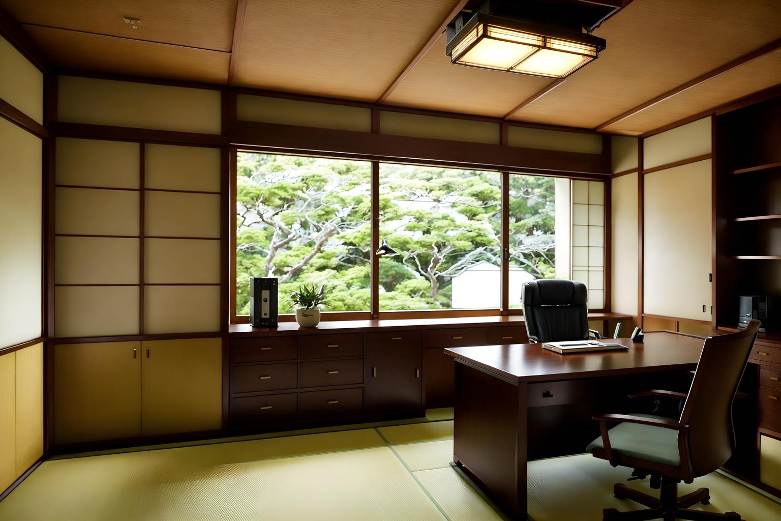 japanese design-style (home office interior) with cabinets and plant and desk lamp and office chair and computer desk and cabinets. . with . . cinematic photo, highly detailed, cinematic lighting, ultra-detailed, ultrarealistic, photorealism, 8k. japanese design interior design style. masterpiece, cinematic light, ultrarealistic+, photorealistic+, 8k, raw photo, realistic, sharp focus on eyes, (symmetrical eyes), (intact eyes), hyperrealistic, highest quality, best quality, , highly detailed, masterpiece, best quality, extremely detailed 8k wallpaper, masterpiece, best quality, ultra-detailed, best shadow, detailed background, detailed face, detailed eyes, high contrast, best illumination, detailed face, dulux, caustic, dynamic angle, detailed glow. dramatic lighting. highly detailed, insanely detailed hair, symmetrical, intricate details, professionally retouched, 8k high definition. strong bokeh. award winning photo.