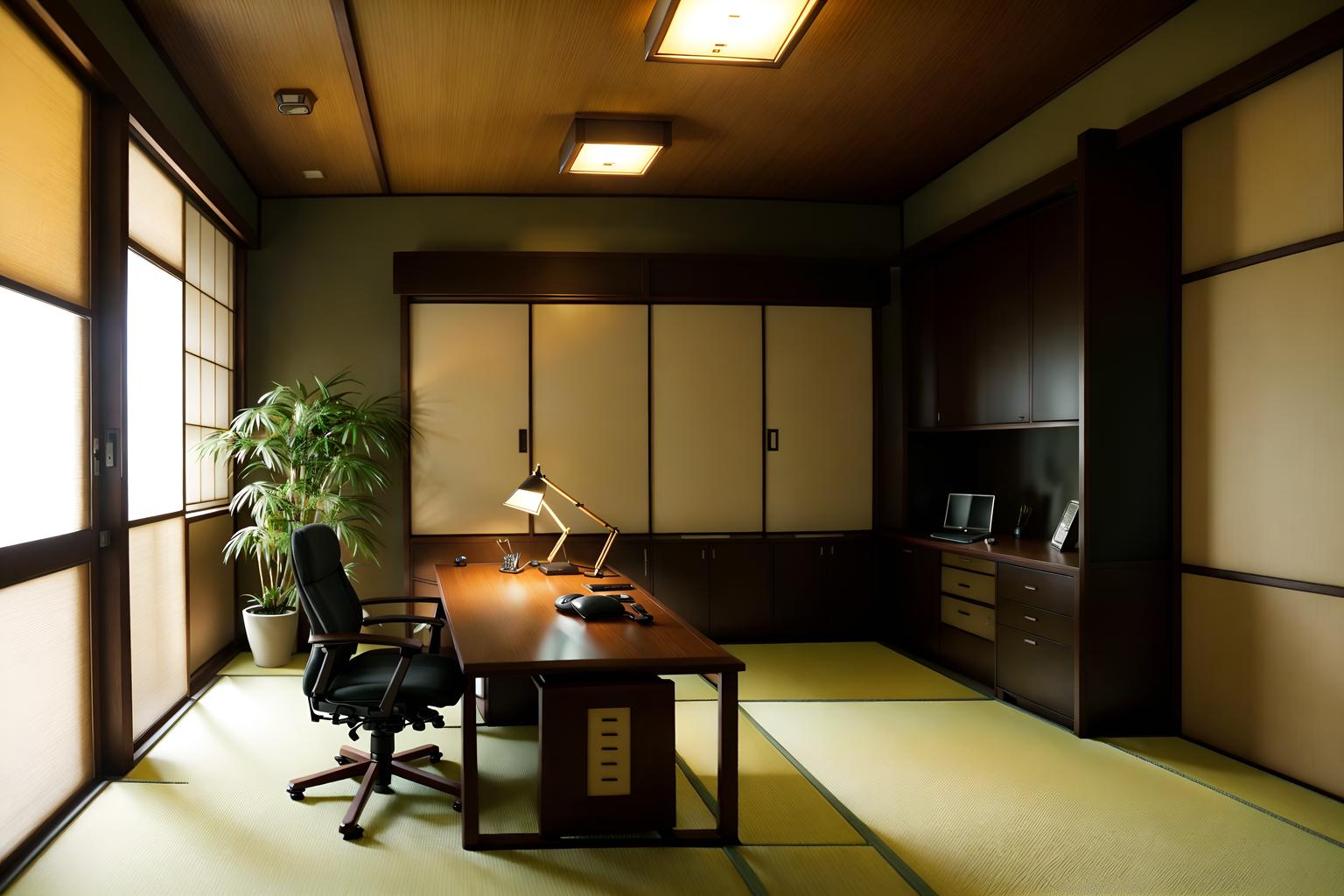 japanese design-style (home office interior) with cabinets and plant and desk lamp and office chair and computer desk and cabinets. . with . . cinematic photo, highly detailed, cinematic lighting, ultra-detailed, ultrarealistic, photorealism, 8k. japanese design interior design style. masterpiece, cinematic light, ultrarealistic+, photorealistic+, 8k, raw photo, realistic, sharp focus on eyes, (symmetrical eyes), (intact eyes), hyperrealistic, highest quality, best quality, , highly detailed, masterpiece, best quality, extremely detailed 8k wallpaper, masterpiece, best quality, ultra-detailed, best shadow, detailed background, detailed face, detailed eyes, high contrast, best illumination, detailed face, dulux, caustic, dynamic angle, detailed glow. dramatic lighting. highly detailed, insanely detailed hair, symmetrical, intricate details, professionally retouched, 8k high definition. strong bokeh. award winning photo.