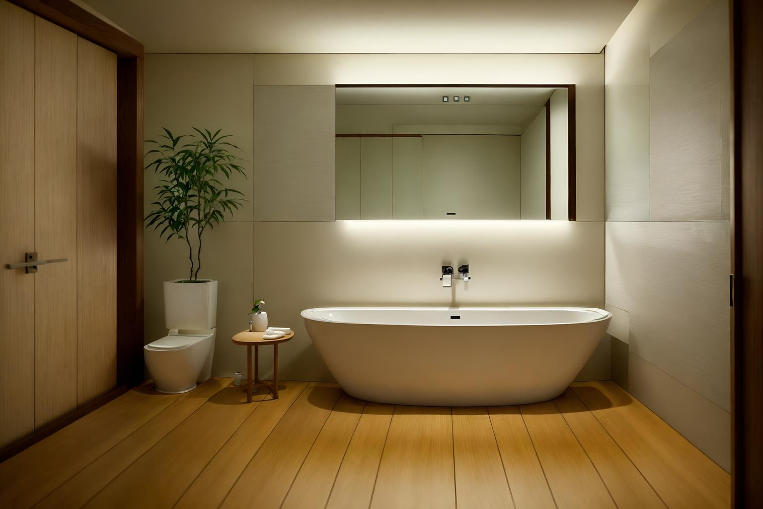 japanese design-style (hotel bathroom interior) with bath towel and bathroom sink with faucet and toilet seat and bath rail and plant and bathtub and bathroom cabinet and mirror. . with . . cinematic photo, highly detailed, cinematic lighting, ultra-detailed, ultrarealistic, photorealism, 8k. japanese design interior design style. masterpiece, cinematic light, ultrarealistic+, photorealistic+, 8k, raw photo, realistic, sharp focus on eyes, (symmetrical eyes), (intact eyes), hyperrealistic, highest quality, best quality, , highly detailed, masterpiece, best quality, extremely detailed 8k wallpaper, masterpiece, best quality, ultra-detailed, best shadow, detailed background, detailed face, detailed eyes, high contrast, best illumination, detailed face, dulux, caustic, dynamic angle, detailed glow. dramatic lighting. highly detailed, insanely detailed hair, symmetrical, intricate details, professionally retouched, 8k high definition. strong bokeh. award winning photo.