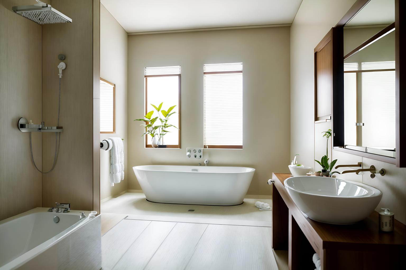 japanese design-style (hotel bathroom interior) with bath towel and bathroom sink with faucet and toilet seat and bath rail and plant and bathtub and bathroom cabinet and mirror. . with . . cinematic photo, highly detailed, cinematic lighting, ultra-detailed, ultrarealistic, photorealism, 8k. japanese design interior design style. masterpiece, cinematic light, ultrarealistic+, photorealistic+, 8k, raw photo, realistic, sharp focus on eyes, (symmetrical eyes), (intact eyes), hyperrealistic, highest quality, best quality, , highly detailed, masterpiece, best quality, extremely detailed 8k wallpaper, masterpiece, best quality, ultra-detailed, best shadow, detailed background, detailed face, detailed eyes, high contrast, best illumination, detailed face, dulux, caustic, dynamic angle, detailed glow. dramatic lighting. highly detailed, insanely detailed hair, symmetrical, intricate details, professionally retouched, 8k high definition. strong bokeh. award winning photo.