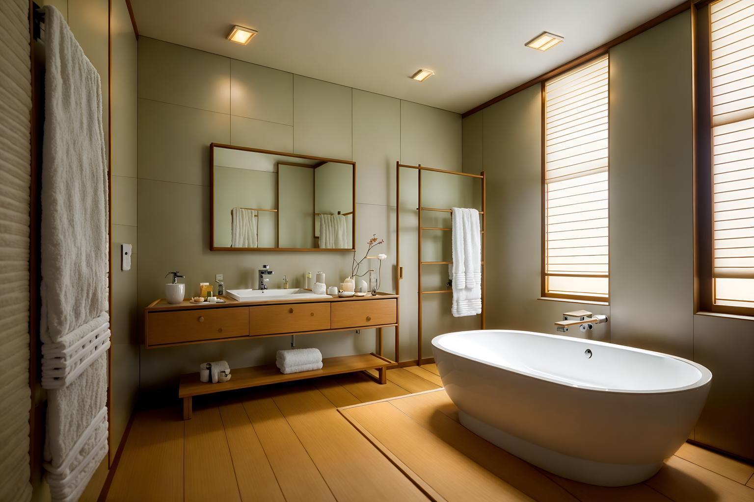 japanese design-style (hotel bathroom interior) with bath towel and bathroom sink with faucet and toilet seat and bath rail and plant and bathtub and bathroom cabinet and mirror. . with . . cinematic photo, highly detailed, cinematic lighting, ultra-detailed, ultrarealistic, photorealism, 8k. japanese design interior design style. masterpiece, cinematic light, ultrarealistic+, photorealistic+, 8k, raw photo, realistic, sharp focus on eyes, (symmetrical eyes), (intact eyes), hyperrealistic, highest quality, best quality, , highly detailed, masterpiece, best quality, extremely detailed 8k wallpaper, masterpiece, best quality, ultra-detailed, best shadow, detailed background, detailed face, detailed eyes, high contrast, best illumination, detailed face, dulux, caustic, dynamic angle, detailed glow. dramatic lighting. highly detailed, insanely detailed hair, symmetrical, intricate details, professionally retouched, 8k high definition. strong bokeh. award winning photo.