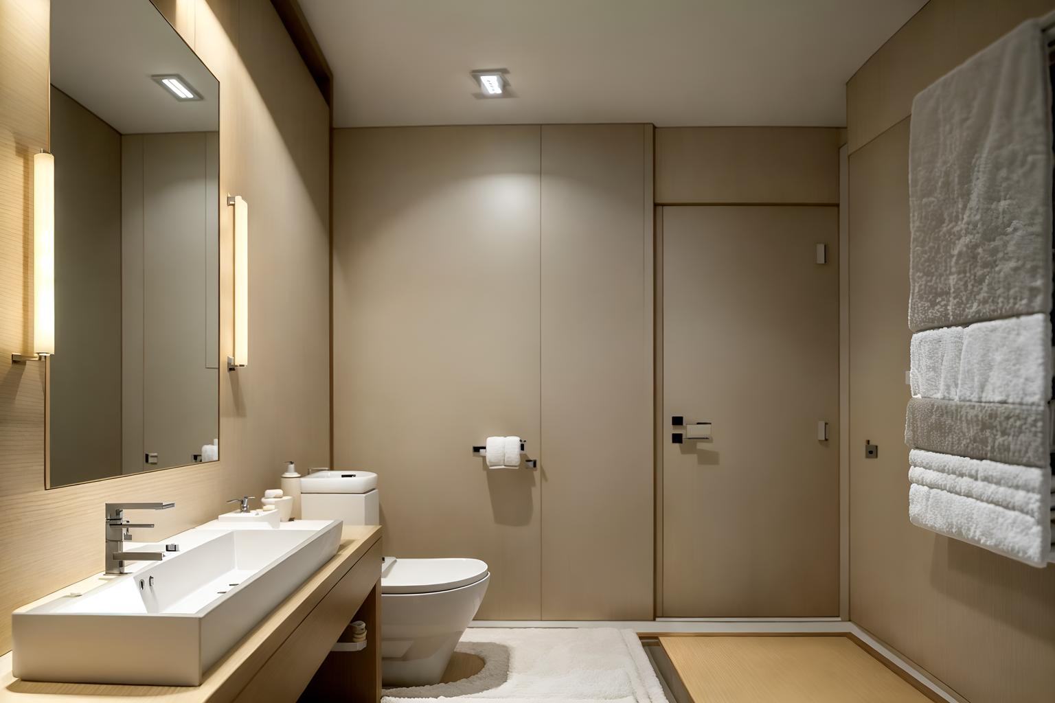 japanese design-style (hotel bathroom interior) with bath towel and bathroom sink with faucet and toilet seat and bath rail and plant and bathtub and bathroom cabinet and mirror. . with . . cinematic photo, highly detailed, cinematic lighting, ultra-detailed, ultrarealistic, photorealism, 8k. japanese design interior design style. masterpiece, cinematic light, ultrarealistic+, photorealistic+, 8k, raw photo, realistic, sharp focus on eyes, (symmetrical eyes), (intact eyes), hyperrealistic, highest quality, best quality, , highly detailed, masterpiece, best quality, extremely detailed 8k wallpaper, masterpiece, best quality, ultra-detailed, best shadow, detailed background, detailed face, detailed eyes, high contrast, best illumination, detailed face, dulux, caustic, dynamic angle, detailed glow. dramatic lighting. highly detailed, insanely detailed hair, symmetrical, intricate details, professionally retouched, 8k high definition. strong bokeh. award winning photo.