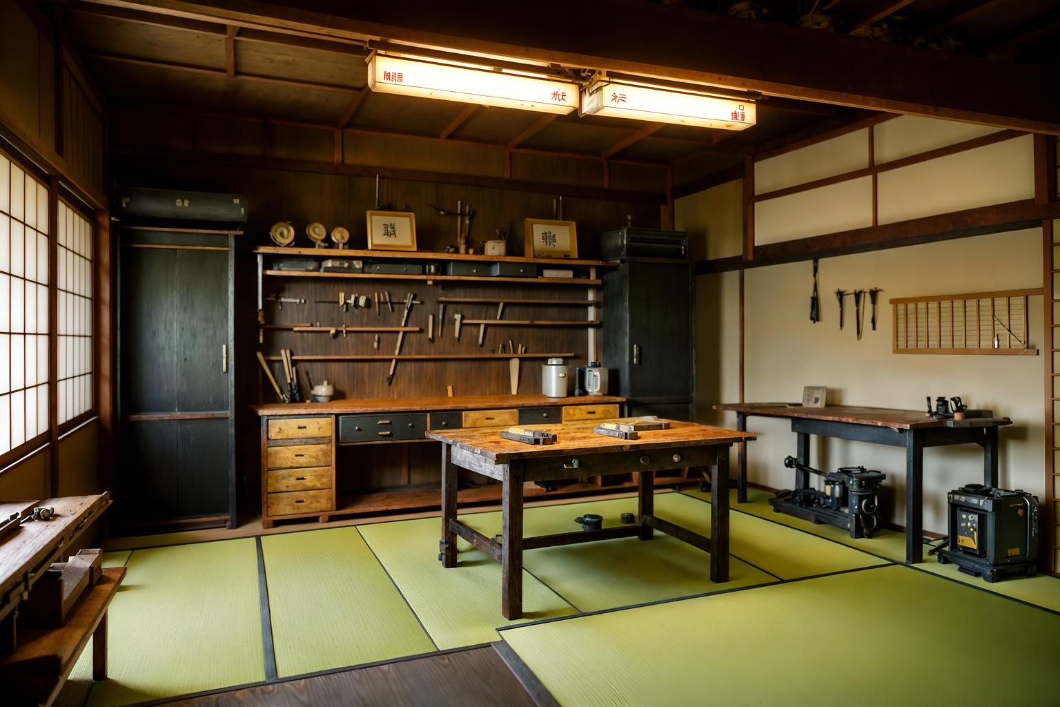 japanese design-style (workshop interior) with wooden workbench and tool wall and messy and wooden workbench. . with . . cinematic photo, highly detailed, cinematic lighting, ultra-detailed, ultrarealistic, photorealism, 8k. japanese design interior design style. masterpiece, cinematic light, ultrarealistic+, photorealistic+, 8k, raw photo, realistic, sharp focus on eyes, (symmetrical eyes), (intact eyes), hyperrealistic, highest quality, best quality, , highly detailed, masterpiece, best quality, extremely detailed 8k wallpaper, masterpiece, best quality, ultra-detailed, best shadow, detailed background, detailed face, detailed eyes, high contrast, best illumination, detailed face, dulux, caustic, dynamic angle, detailed glow. dramatic lighting. highly detailed, insanely detailed hair, symmetrical, intricate details, professionally retouched, 8k high definition. strong bokeh. award winning photo.