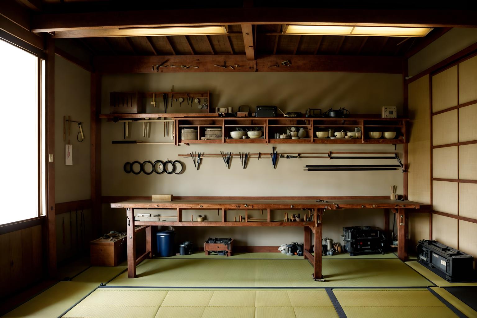 japanese design-style (workshop interior) with wooden workbench and tool wall and messy and wooden workbench. . with . . cinematic photo, highly detailed, cinematic lighting, ultra-detailed, ultrarealistic, photorealism, 8k. japanese design interior design style. masterpiece, cinematic light, ultrarealistic+, photorealistic+, 8k, raw photo, realistic, sharp focus on eyes, (symmetrical eyes), (intact eyes), hyperrealistic, highest quality, best quality, , highly detailed, masterpiece, best quality, extremely detailed 8k wallpaper, masterpiece, best quality, ultra-detailed, best shadow, detailed background, detailed face, detailed eyes, high contrast, best illumination, detailed face, dulux, caustic, dynamic angle, detailed glow. dramatic lighting. highly detailed, insanely detailed hair, symmetrical, intricate details, professionally retouched, 8k high definition. strong bokeh. award winning photo.