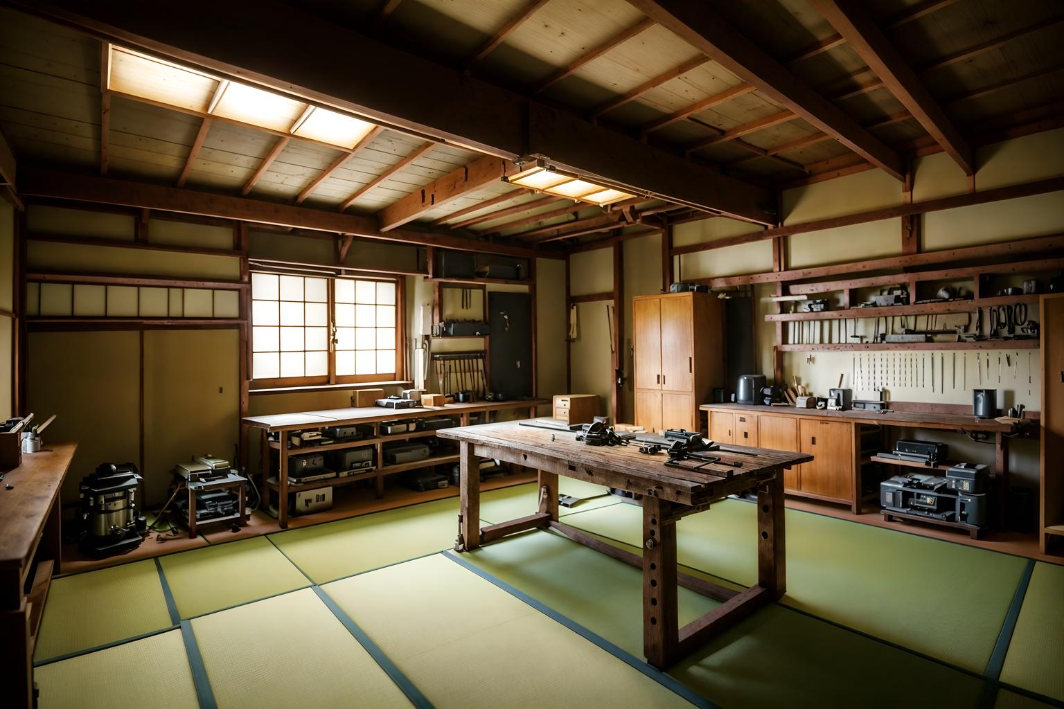 japanese design-style (workshop interior) with wooden workbench and tool wall and messy and wooden workbench. . with . . cinematic photo, highly detailed, cinematic lighting, ultra-detailed, ultrarealistic, photorealism, 8k. japanese design interior design style. masterpiece, cinematic light, ultrarealistic+, photorealistic+, 8k, raw photo, realistic, sharp focus on eyes, (symmetrical eyes), (intact eyes), hyperrealistic, highest quality, best quality, , highly detailed, masterpiece, best quality, extremely detailed 8k wallpaper, masterpiece, best quality, ultra-detailed, best shadow, detailed background, detailed face, detailed eyes, high contrast, best illumination, detailed face, dulux, caustic, dynamic angle, detailed glow. dramatic lighting. highly detailed, insanely detailed hair, symmetrical, intricate details, professionally retouched, 8k high definition. strong bokeh. award winning photo.