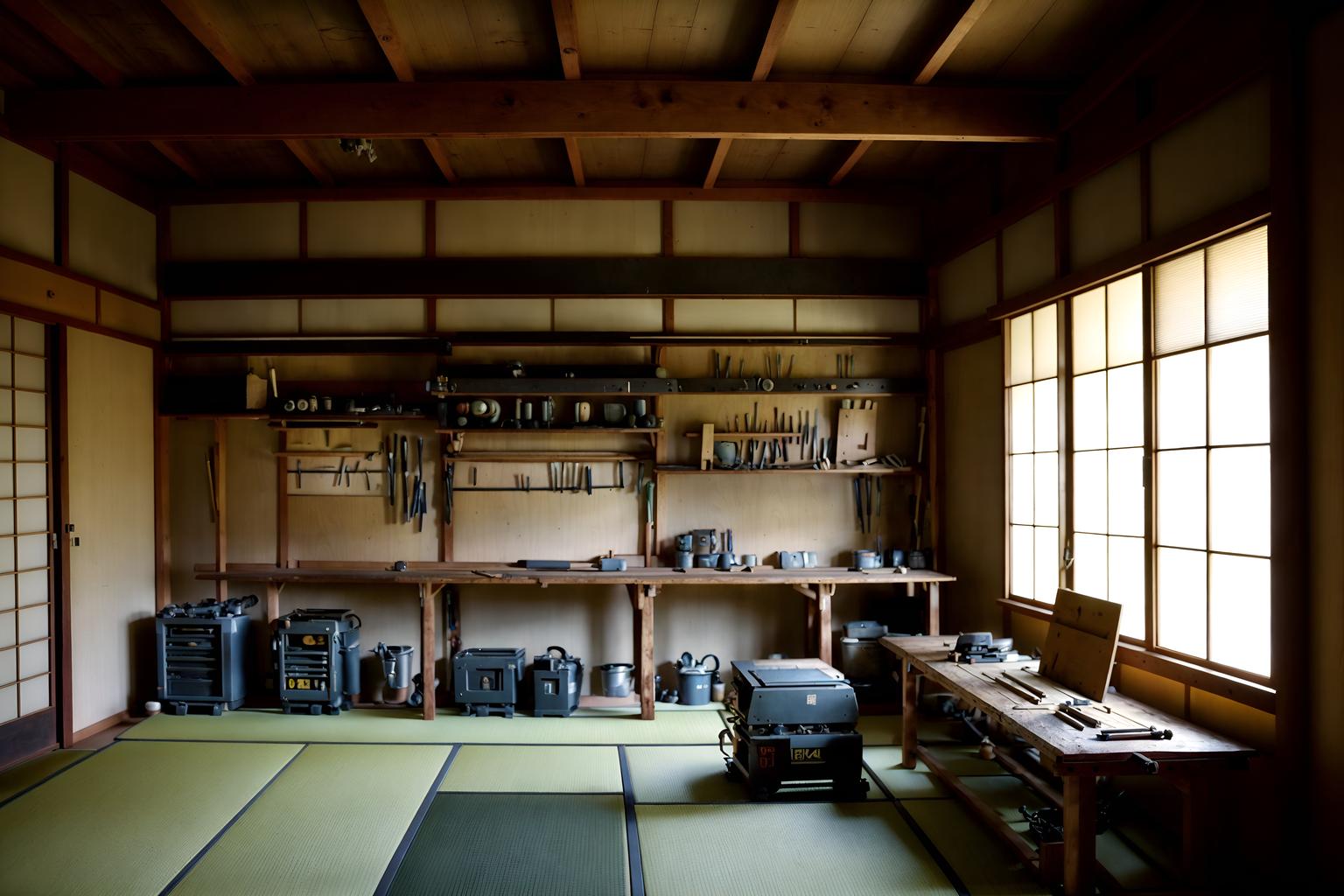 japanese design-style (workshop interior) with wooden workbench and tool wall and messy and wooden workbench. . with . . cinematic photo, highly detailed, cinematic lighting, ultra-detailed, ultrarealistic, photorealism, 8k. japanese design interior design style. masterpiece, cinematic light, ultrarealistic+, photorealistic+, 8k, raw photo, realistic, sharp focus on eyes, (symmetrical eyes), (intact eyes), hyperrealistic, highest quality, best quality, , highly detailed, masterpiece, best quality, extremely detailed 8k wallpaper, masterpiece, best quality, ultra-detailed, best shadow, detailed background, detailed face, detailed eyes, high contrast, best illumination, detailed face, dulux, caustic, dynamic angle, detailed glow. dramatic lighting. highly detailed, insanely detailed hair, symmetrical, intricate details, professionally retouched, 8k high definition. strong bokeh. award winning photo.