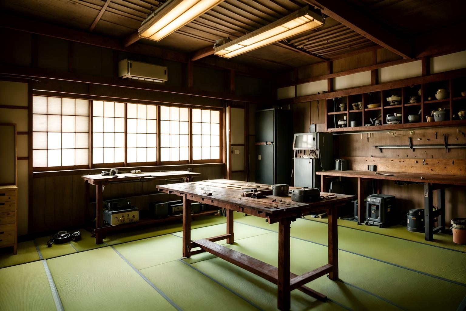 japanese design-style (workshop interior) with wooden workbench and tool wall and messy and wooden workbench. . with . . cinematic photo, highly detailed, cinematic lighting, ultra-detailed, ultrarealistic, photorealism, 8k. japanese design interior design style. masterpiece, cinematic light, ultrarealistic+, photorealistic+, 8k, raw photo, realistic, sharp focus on eyes, (symmetrical eyes), (intact eyes), hyperrealistic, highest quality, best quality, , highly detailed, masterpiece, best quality, extremely detailed 8k wallpaper, masterpiece, best quality, ultra-detailed, best shadow, detailed background, detailed face, detailed eyes, high contrast, best illumination, detailed face, dulux, caustic, dynamic angle, detailed glow. dramatic lighting. highly detailed, insanely detailed hair, symmetrical, intricate details, professionally retouched, 8k high definition. strong bokeh. award winning photo.