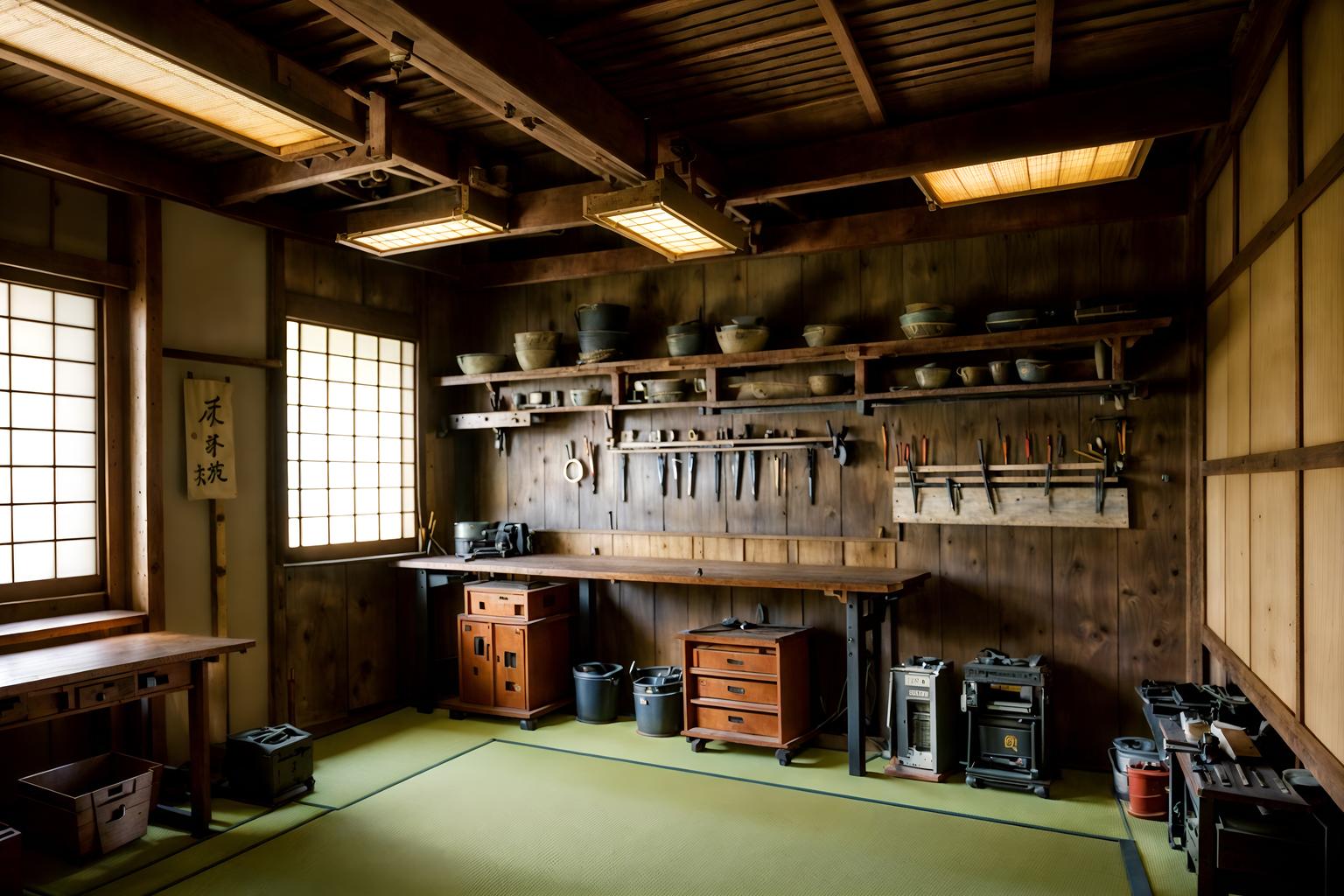 japanese design-style (workshop interior) with wooden workbench and tool wall and messy and wooden workbench. . with . . cinematic photo, highly detailed, cinematic lighting, ultra-detailed, ultrarealistic, photorealism, 8k. japanese design interior design style. masterpiece, cinematic light, ultrarealistic+, photorealistic+, 8k, raw photo, realistic, sharp focus on eyes, (symmetrical eyes), (intact eyes), hyperrealistic, highest quality, best quality, , highly detailed, masterpiece, best quality, extremely detailed 8k wallpaper, masterpiece, best quality, ultra-detailed, best shadow, detailed background, detailed face, detailed eyes, high contrast, best illumination, detailed face, dulux, caustic, dynamic angle, detailed glow. dramatic lighting. highly detailed, insanely detailed hair, symmetrical, intricate details, professionally retouched, 8k high definition. strong bokeh. award winning photo.