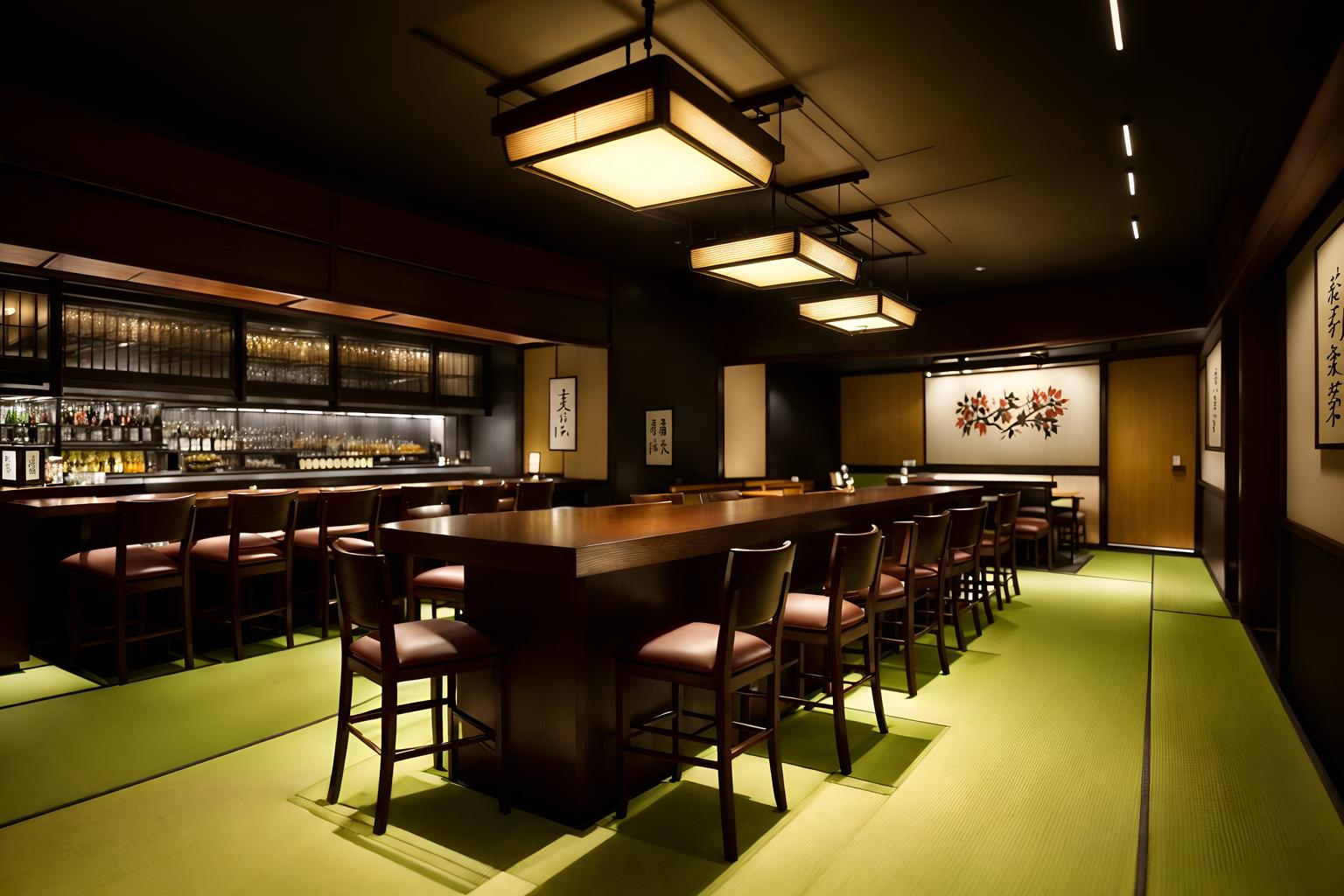 japanese design-style (restaurant interior) with restaurant bar and restaurant dining tables and restaurant chairs and restaurant decor and restaurant bar. . with . . cinematic photo, highly detailed, cinematic lighting, ultra-detailed, ultrarealistic, photorealism, 8k. japanese design interior design style. masterpiece, cinematic light, ultrarealistic+, photorealistic+, 8k, raw photo, realistic, sharp focus on eyes, (symmetrical eyes), (intact eyes), hyperrealistic, highest quality, best quality, , highly detailed, masterpiece, best quality, extremely detailed 8k wallpaper, masterpiece, best quality, ultra-detailed, best shadow, detailed background, detailed face, detailed eyes, high contrast, best illumination, detailed face, dulux, caustic, dynamic angle, detailed glow. dramatic lighting. highly detailed, insanely detailed hair, symmetrical, intricate details, professionally retouched, 8k high definition. strong bokeh. award winning photo.