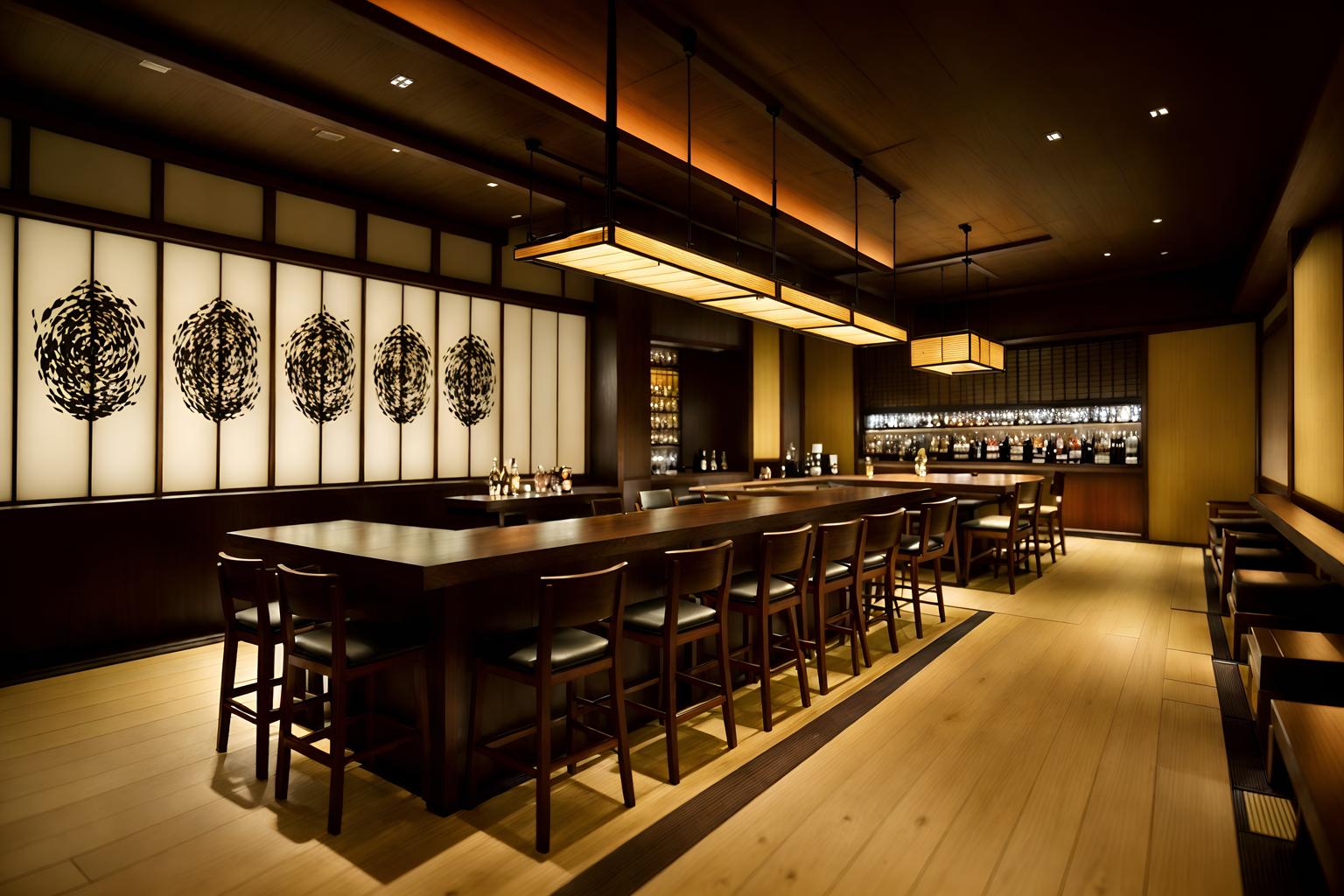 japanese design-style (restaurant interior) with restaurant bar and restaurant dining tables and restaurant chairs and restaurant decor and restaurant bar. . with . . cinematic photo, highly detailed, cinematic lighting, ultra-detailed, ultrarealistic, photorealism, 8k. japanese design interior design style. masterpiece, cinematic light, ultrarealistic+, photorealistic+, 8k, raw photo, realistic, sharp focus on eyes, (symmetrical eyes), (intact eyes), hyperrealistic, highest quality, best quality, , highly detailed, masterpiece, best quality, extremely detailed 8k wallpaper, masterpiece, best quality, ultra-detailed, best shadow, detailed background, detailed face, detailed eyes, high contrast, best illumination, detailed face, dulux, caustic, dynamic angle, detailed glow. dramatic lighting. highly detailed, insanely detailed hair, symmetrical, intricate details, professionally retouched, 8k high definition. strong bokeh. award winning photo.