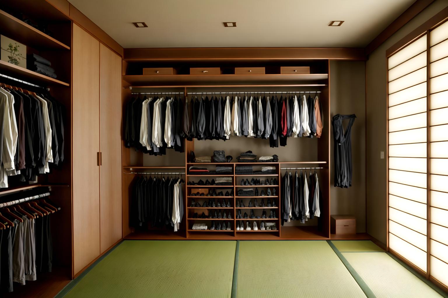 japanese design-style (walk in closet interior) . with . . cinematic photo, highly detailed, cinematic lighting, ultra-detailed, ultrarealistic, photorealism, 8k. japanese design interior design style. masterpiece, cinematic light, ultrarealistic+, photorealistic+, 8k, raw photo, realistic, sharp focus on eyes, (symmetrical eyes), (intact eyes), hyperrealistic, highest quality, best quality, , highly detailed, masterpiece, best quality, extremely detailed 8k wallpaper, masterpiece, best quality, ultra-detailed, best shadow, detailed background, detailed face, detailed eyes, high contrast, best illumination, detailed face, dulux, caustic, dynamic angle, detailed glow. dramatic lighting. highly detailed, insanely detailed hair, symmetrical, intricate details, professionally retouched, 8k high definition. strong bokeh. award winning photo.