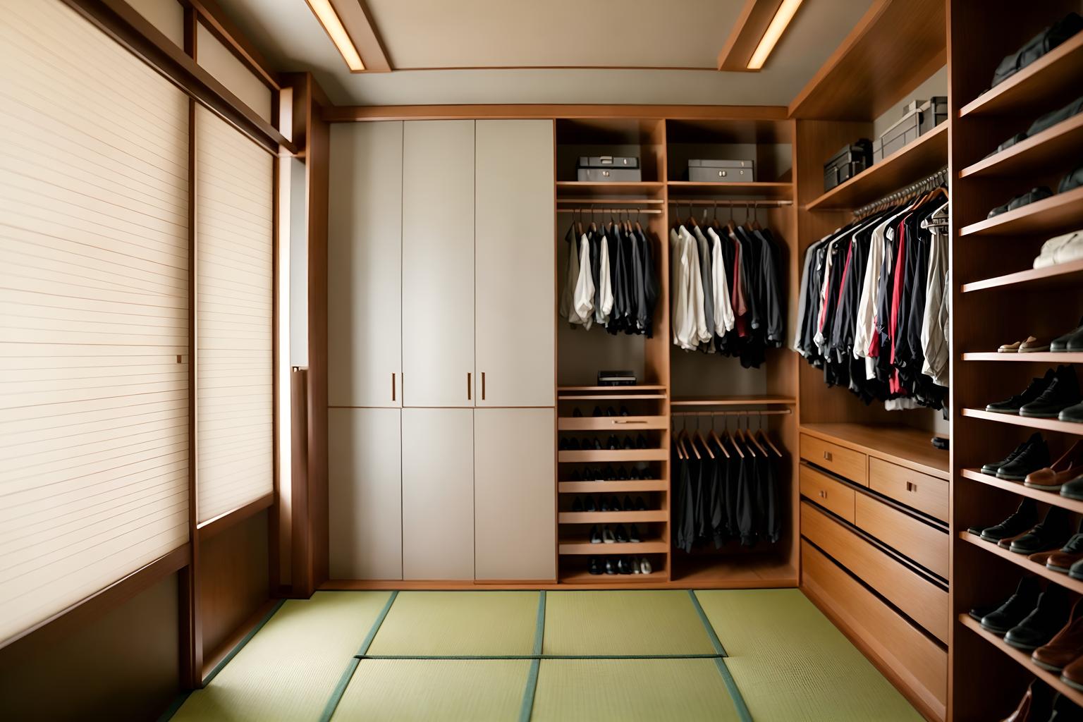 japanese design-style (walk in closet interior) . with . . cinematic photo, highly detailed, cinematic lighting, ultra-detailed, ultrarealistic, photorealism, 8k. japanese design interior design style. masterpiece, cinematic light, ultrarealistic+, photorealistic+, 8k, raw photo, realistic, sharp focus on eyes, (symmetrical eyes), (intact eyes), hyperrealistic, highest quality, best quality, , highly detailed, masterpiece, best quality, extremely detailed 8k wallpaper, masterpiece, best quality, ultra-detailed, best shadow, detailed background, detailed face, detailed eyes, high contrast, best illumination, detailed face, dulux, caustic, dynamic angle, detailed glow. dramatic lighting. highly detailed, insanely detailed hair, symmetrical, intricate details, professionally retouched, 8k high definition. strong bokeh. award winning photo.