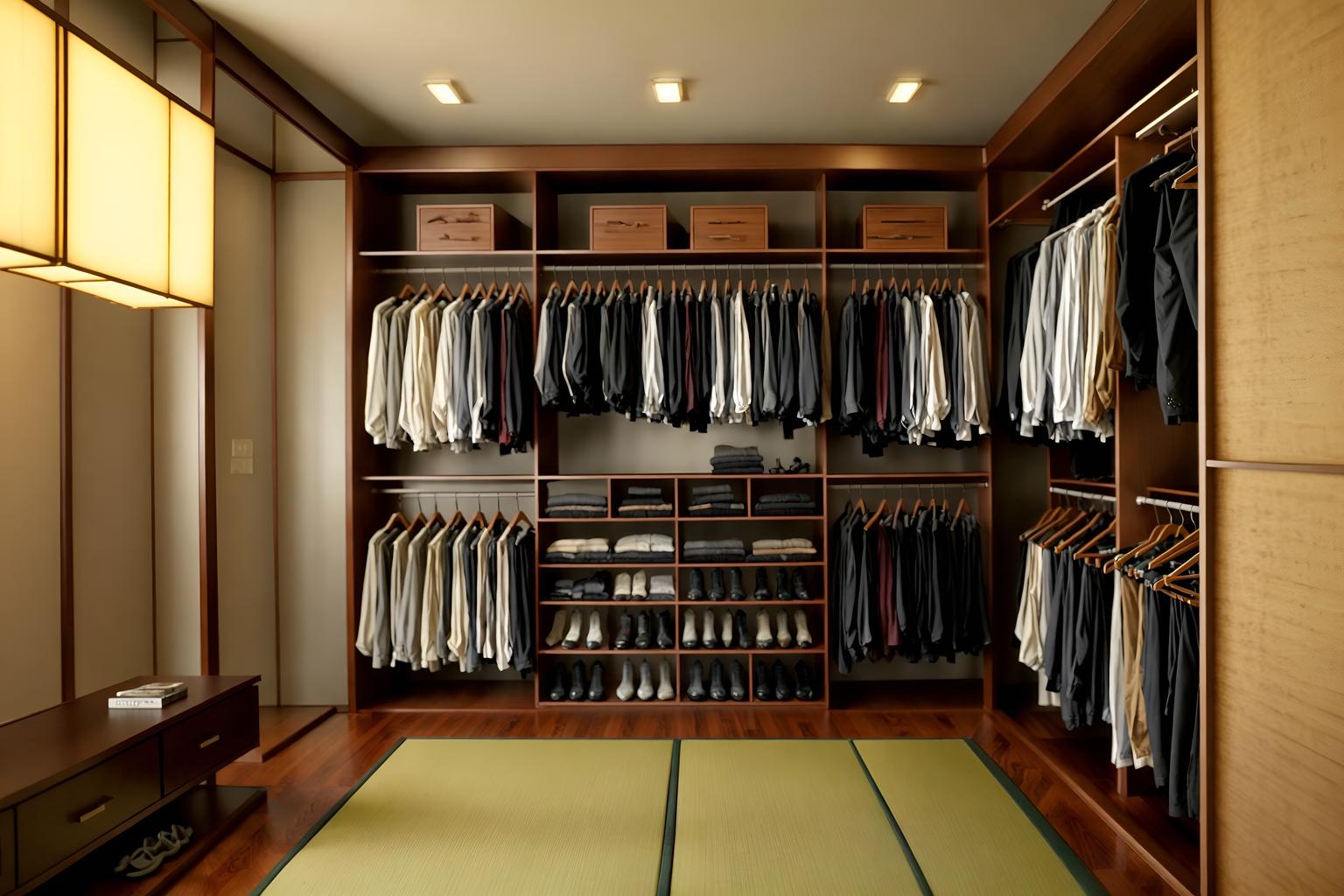 japanese design-style (walk in closet interior) . with . . cinematic photo, highly detailed, cinematic lighting, ultra-detailed, ultrarealistic, photorealism, 8k. japanese design interior design style. masterpiece, cinematic light, ultrarealistic+, photorealistic+, 8k, raw photo, realistic, sharp focus on eyes, (symmetrical eyes), (intact eyes), hyperrealistic, highest quality, best quality, , highly detailed, masterpiece, best quality, extremely detailed 8k wallpaper, masterpiece, best quality, ultra-detailed, best shadow, detailed background, detailed face, detailed eyes, high contrast, best illumination, detailed face, dulux, caustic, dynamic angle, detailed glow. dramatic lighting. highly detailed, insanely detailed hair, symmetrical, intricate details, professionally retouched, 8k high definition. strong bokeh. award winning photo.