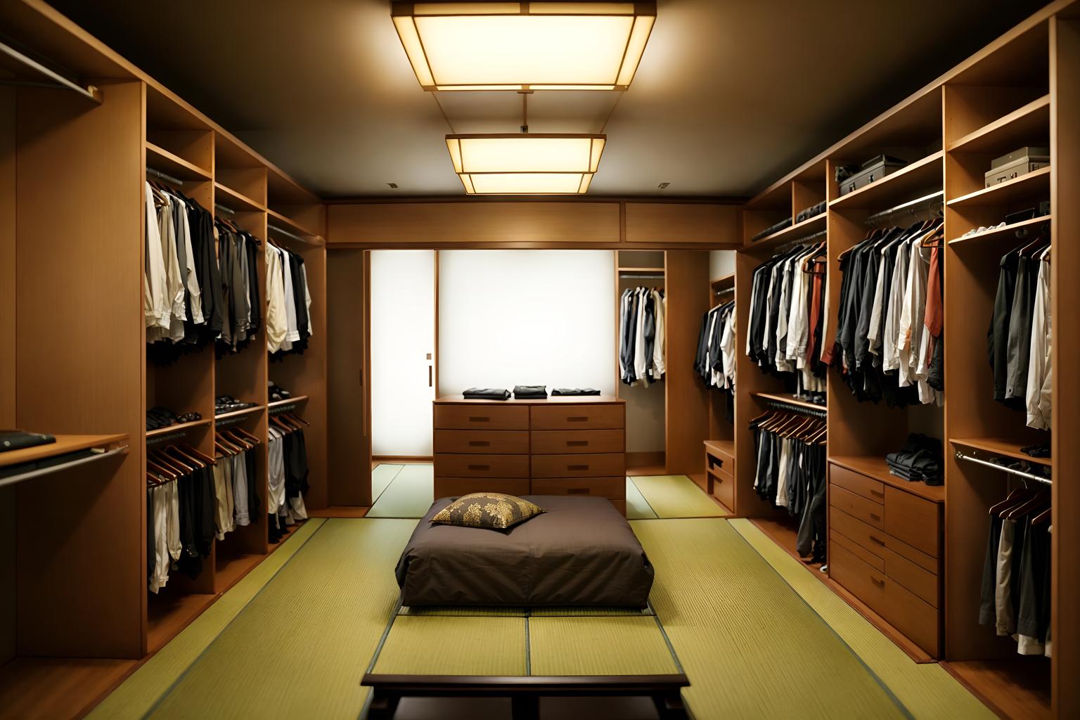 japanese design-style (walk in closet interior) . with . . cinematic photo, highly detailed, cinematic lighting, ultra-detailed, ultrarealistic, photorealism, 8k. japanese design interior design style. masterpiece, cinematic light, ultrarealistic+, photorealistic+, 8k, raw photo, realistic, sharp focus on eyes, (symmetrical eyes), (intact eyes), hyperrealistic, highest quality, best quality, , highly detailed, masterpiece, best quality, extremely detailed 8k wallpaper, masterpiece, best quality, ultra-detailed, best shadow, detailed background, detailed face, detailed eyes, high contrast, best illumination, detailed face, dulux, caustic, dynamic angle, detailed glow. dramatic lighting. highly detailed, insanely detailed hair, symmetrical, intricate details, professionally retouched, 8k high definition. strong bokeh. award winning photo.