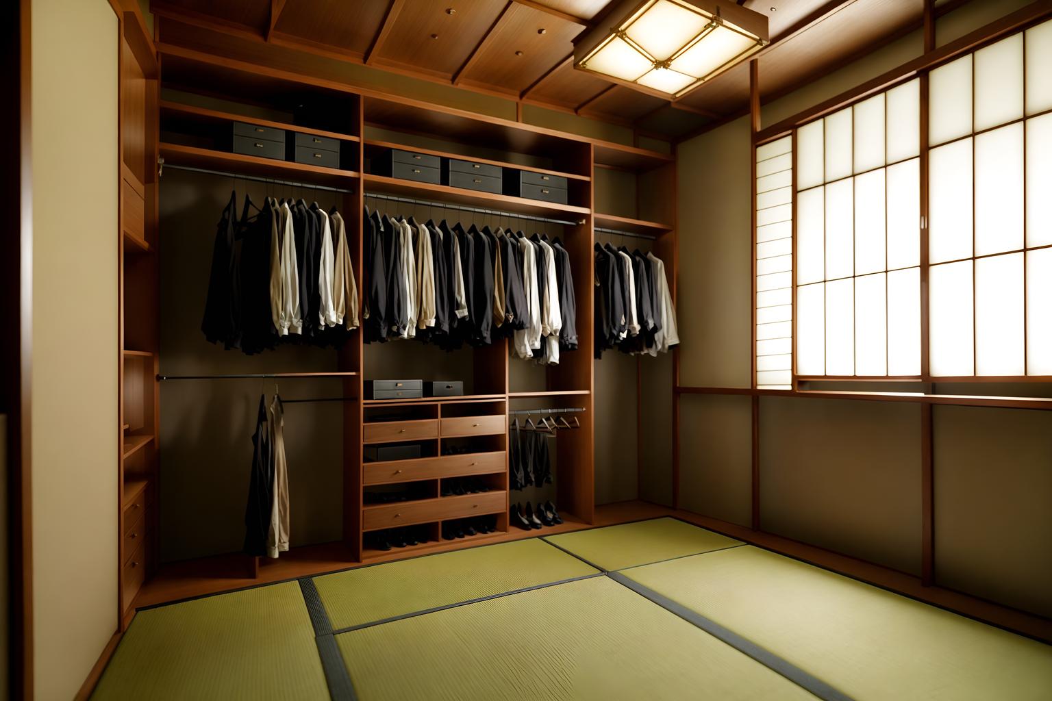 japanese design-style (walk in closet interior) . with . . cinematic photo, highly detailed, cinematic lighting, ultra-detailed, ultrarealistic, photorealism, 8k. japanese design interior design style. masterpiece, cinematic light, ultrarealistic+, photorealistic+, 8k, raw photo, realistic, sharp focus on eyes, (symmetrical eyes), (intact eyes), hyperrealistic, highest quality, best quality, , highly detailed, masterpiece, best quality, extremely detailed 8k wallpaper, masterpiece, best quality, ultra-detailed, best shadow, detailed background, detailed face, detailed eyes, high contrast, best illumination, detailed face, dulux, caustic, dynamic angle, detailed glow. dramatic lighting. highly detailed, insanely detailed hair, symmetrical, intricate details, professionally retouched, 8k high definition. strong bokeh. award winning photo.