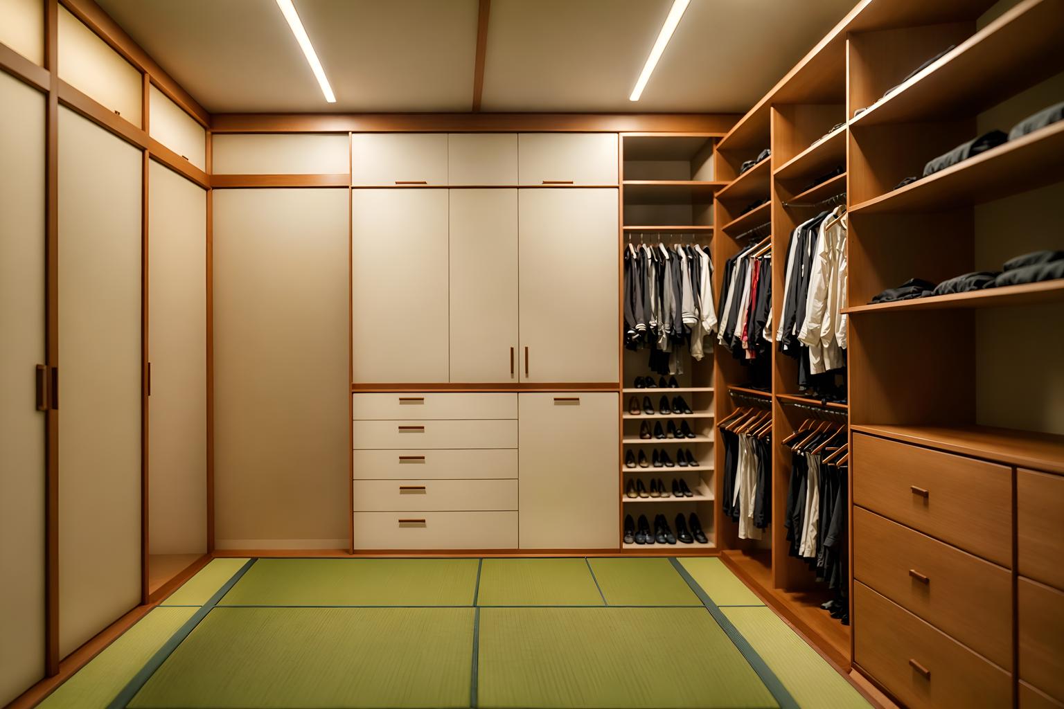 japanese design-style (walk in closet interior) . with . . cinematic photo, highly detailed, cinematic lighting, ultra-detailed, ultrarealistic, photorealism, 8k. japanese design interior design style. masterpiece, cinematic light, ultrarealistic+, photorealistic+, 8k, raw photo, realistic, sharp focus on eyes, (symmetrical eyes), (intact eyes), hyperrealistic, highest quality, best quality, , highly detailed, masterpiece, best quality, extremely detailed 8k wallpaper, masterpiece, best quality, ultra-detailed, best shadow, detailed background, detailed face, detailed eyes, high contrast, best illumination, detailed face, dulux, caustic, dynamic angle, detailed glow. dramatic lighting. highly detailed, insanely detailed hair, symmetrical, intricate details, professionally retouched, 8k high definition. strong bokeh. award winning photo.