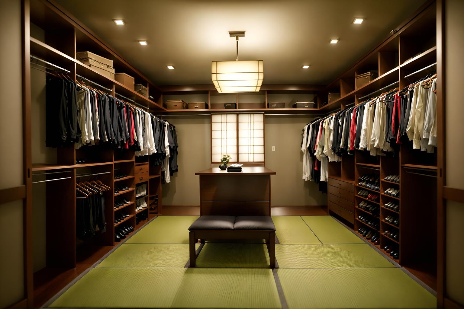japanese design-style (walk in closet interior) . with . . cinematic photo, highly detailed, cinematic lighting, ultra-detailed, ultrarealistic, photorealism, 8k. japanese design interior design style. masterpiece, cinematic light, ultrarealistic+, photorealistic+, 8k, raw photo, realistic, sharp focus on eyes, (symmetrical eyes), (intact eyes), hyperrealistic, highest quality, best quality, , highly detailed, masterpiece, best quality, extremely detailed 8k wallpaper, masterpiece, best quality, ultra-detailed, best shadow, detailed background, detailed face, detailed eyes, high contrast, best illumination, detailed face, dulux, caustic, dynamic angle, detailed glow. dramatic lighting. highly detailed, insanely detailed hair, symmetrical, intricate details, professionally retouched, 8k high definition. strong bokeh. award winning photo.