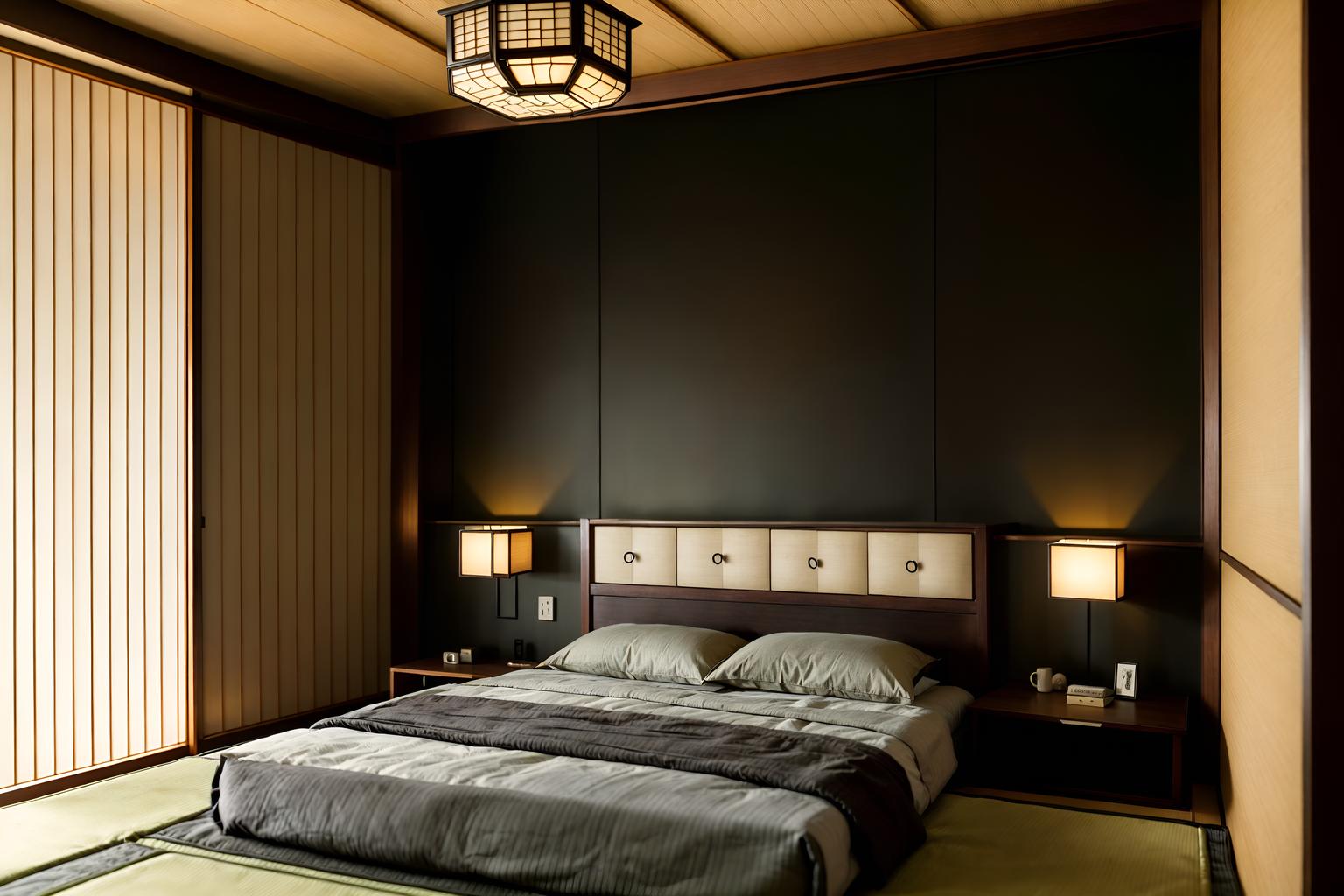 japanese design-style (bedroom interior) with dresser closet and bedside table or night stand and mirror and accent chair and headboard and plant and bed and night light. . with . . cinematic photo, highly detailed, cinematic lighting, ultra-detailed, ultrarealistic, photorealism, 8k. japanese design interior design style. masterpiece, cinematic light, ultrarealistic+, photorealistic+, 8k, raw photo, realistic, sharp focus on eyes, (symmetrical eyes), (intact eyes), hyperrealistic, highest quality, best quality, , highly detailed, masterpiece, best quality, extremely detailed 8k wallpaper, masterpiece, best quality, ultra-detailed, best shadow, detailed background, detailed face, detailed eyes, high contrast, best illumination, detailed face, dulux, caustic, dynamic angle, detailed glow. dramatic lighting. highly detailed, insanely detailed hair, symmetrical, intricate details, professionally retouched, 8k high definition. strong bokeh. award winning photo.