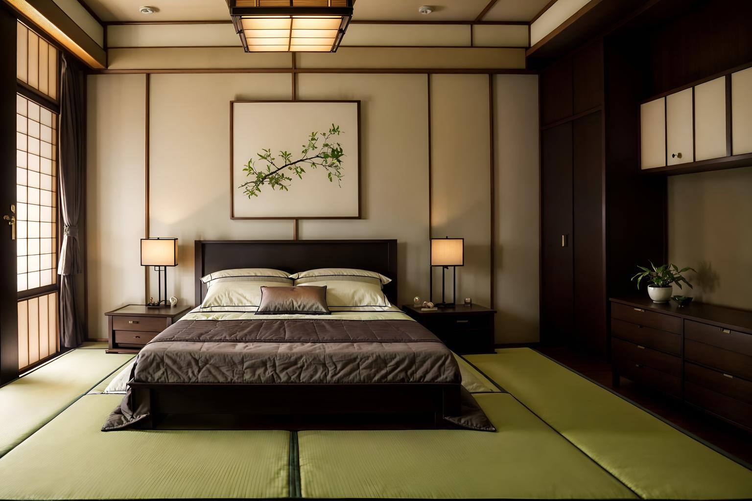 japanese design-style (bedroom interior) with dresser closet and bedside table or night stand and mirror and accent chair and headboard and plant and bed and night light. . with . . cinematic photo, highly detailed, cinematic lighting, ultra-detailed, ultrarealistic, photorealism, 8k. japanese design interior design style. masterpiece, cinematic light, ultrarealistic+, photorealistic+, 8k, raw photo, realistic, sharp focus on eyes, (symmetrical eyes), (intact eyes), hyperrealistic, highest quality, best quality, , highly detailed, masterpiece, best quality, extremely detailed 8k wallpaper, masterpiece, best quality, ultra-detailed, best shadow, detailed background, detailed face, detailed eyes, high contrast, best illumination, detailed face, dulux, caustic, dynamic angle, detailed glow. dramatic lighting. highly detailed, insanely detailed hair, symmetrical, intricate details, professionally retouched, 8k high definition. strong bokeh. award winning photo.