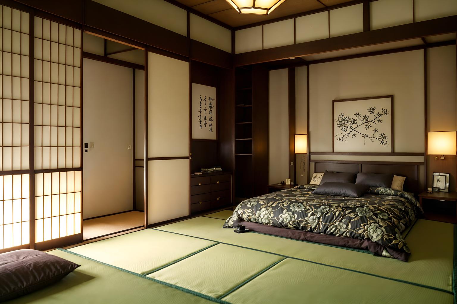 japanese design-style (bedroom interior) with dresser closet and bedside table or night stand and mirror and accent chair and headboard and plant and bed and night light. . with . . cinematic photo, highly detailed, cinematic lighting, ultra-detailed, ultrarealistic, photorealism, 8k. japanese design interior design style. masterpiece, cinematic light, ultrarealistic+, photorealistic+, 8k, raw photo, realistic, sharp focus on eyes, (symmetrical eyes), (intact eyes), hyperrealistic, highest quality, best quality, , highly detailed, masterpiece, best quality, extremely detailed 8k wallpaper, masterpiece, best quality, ultra-detailed, best shadow, detailed background, detailed face, detailed eyes, high contrast, best illumination, detailed face, dulux, caustic, dynamic angle, detailed glow. dramatic lighting. highly detailed, insanely detailed hair, symmetrical, intricate details, professionally retouched, 8k high definition. strong bokeh. award winning photo.