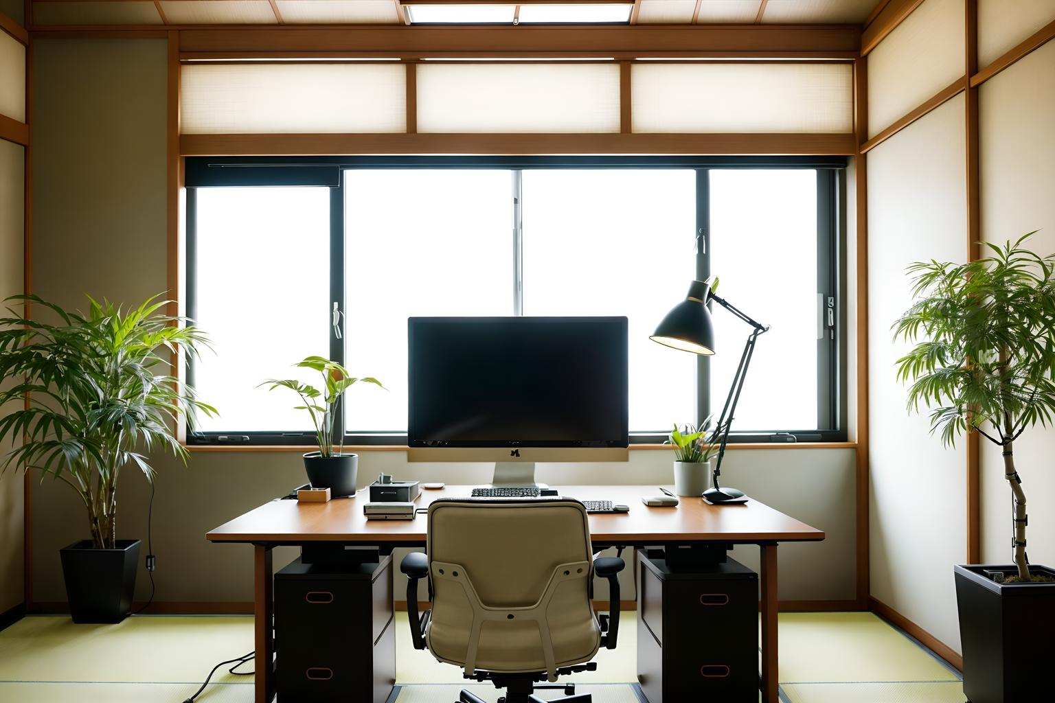 japanese design-style (office interior) with office chairs and desk lamps and plants and windows and office desks and computer desks and lounge chairs and cabinets. . with . . cinematic photo, highly detailed, cinematic lighting, ultra-detailed, ultrarealistic, photorealism, 8k. japanese design interior design style. masterpiece, cinematic light, ultrarealistic+, photorealistic+, 8k, raw photo, realistic, sharp focus on eyes, (symmetrical eyes), (intact eyes), hyperrealistic, highest quality, best quality, , highly detailed, masterpiece, best quality, extremely detailed 8k wallpaper, masterpiece, best quality, ultra-detailed, best shadow, detailed background, detailed face, detailed eyes, high contrast, best illumination, detailed face, dulux, caustic, dynamic angle, detailed glow. dramatic lighting. highly detailed, insanely detailed hair, symmetrical, intricate details, professionally retouched, 8k high definition. strong bokeh. award winning photo.