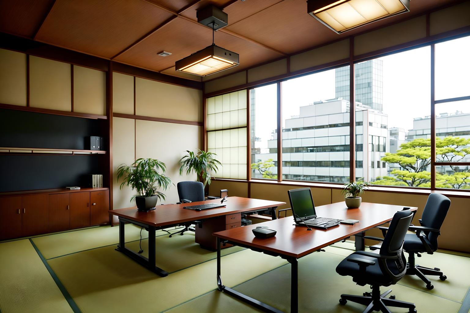 japanese design-style (office interior) with office chairs and desk lamps and plants and windows and office desks and computer desks and lounge chairs and cabinets. . with . . cinematic photo, highly detailed, cinematic lighting, ultra-detailed, ultrarealistic, photorealism, 8k. japanese design interior design style. masterpiece, cinematic light, ultrarealistic+, photorealistic+, 8k, raw photo, realistic, sharp focus on eyes, (symmetrical eyes), (intact eyes), hyperrealistic, highest quality, best quality, , highly detailed, masterpiece, best quality, extremely detailed 8k wallpaper, masterpiece, best quality, ultra-detailed, best shadow, detailed background, detailed face, detailed eyes, high contrast, best illumination, detailed face, dulux, caustic, dynamic angle, detailed glow. dramatic lighting. highly detailed, insanely detailed hair, symmetrical, intricate details, professionally retouched, 8k high definition. strong bokeh. award winning photo.