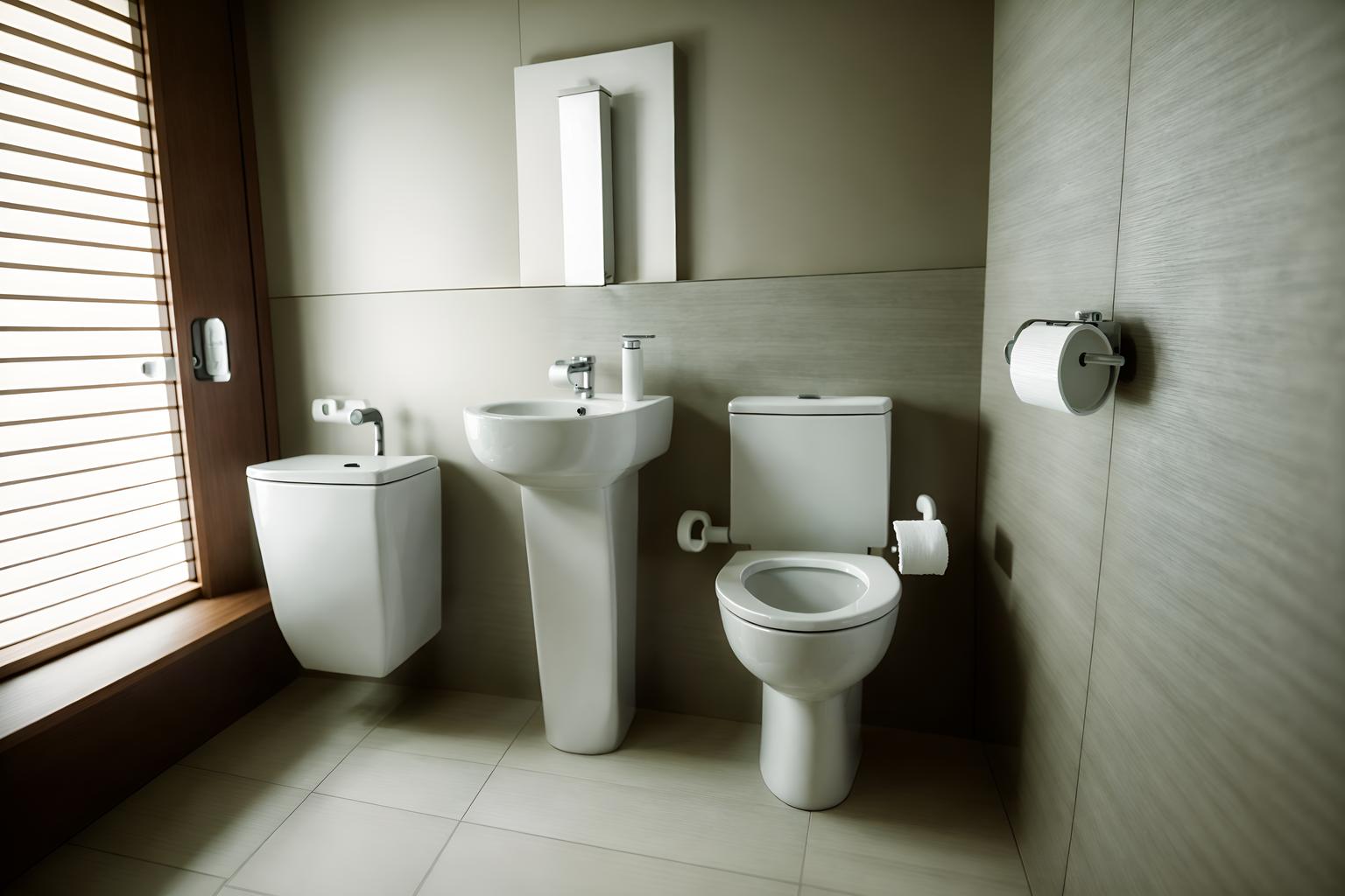 japanese design-style (toilet interior) with toilet paper hanger and toilet with toilet seat up and sink with tap and toilet paper hanger. . with . . cinematic photo, highly detailed, cinematic lighting, ultra-detailed, ultrarealistic, photorealism, 8k. japanese design interior design style. masterpiece, cinematic light, ultrarealistic+, photorealistic+, 8k, raw photo, realistic, sharp focus on eyes, (symmetrical eyes), (intact eyes), hyperrealistic, highest quality, best quality, , highly detailed, masterpiece, best quality, extremely detailed 8k wallpaper, masterpiece, best quality, ultra-detailed, best shadow, detailed background, detailed face, detailed eyes, high contrast, best illumination, detailed face, dulux, caustic, dynamic angle, detailed glow. dramatic lighting. highly detailed, insanely detailed hair, symmetrical, intricate details, professionally retouched, 8k high definition. strong bokeh. award winning photo.