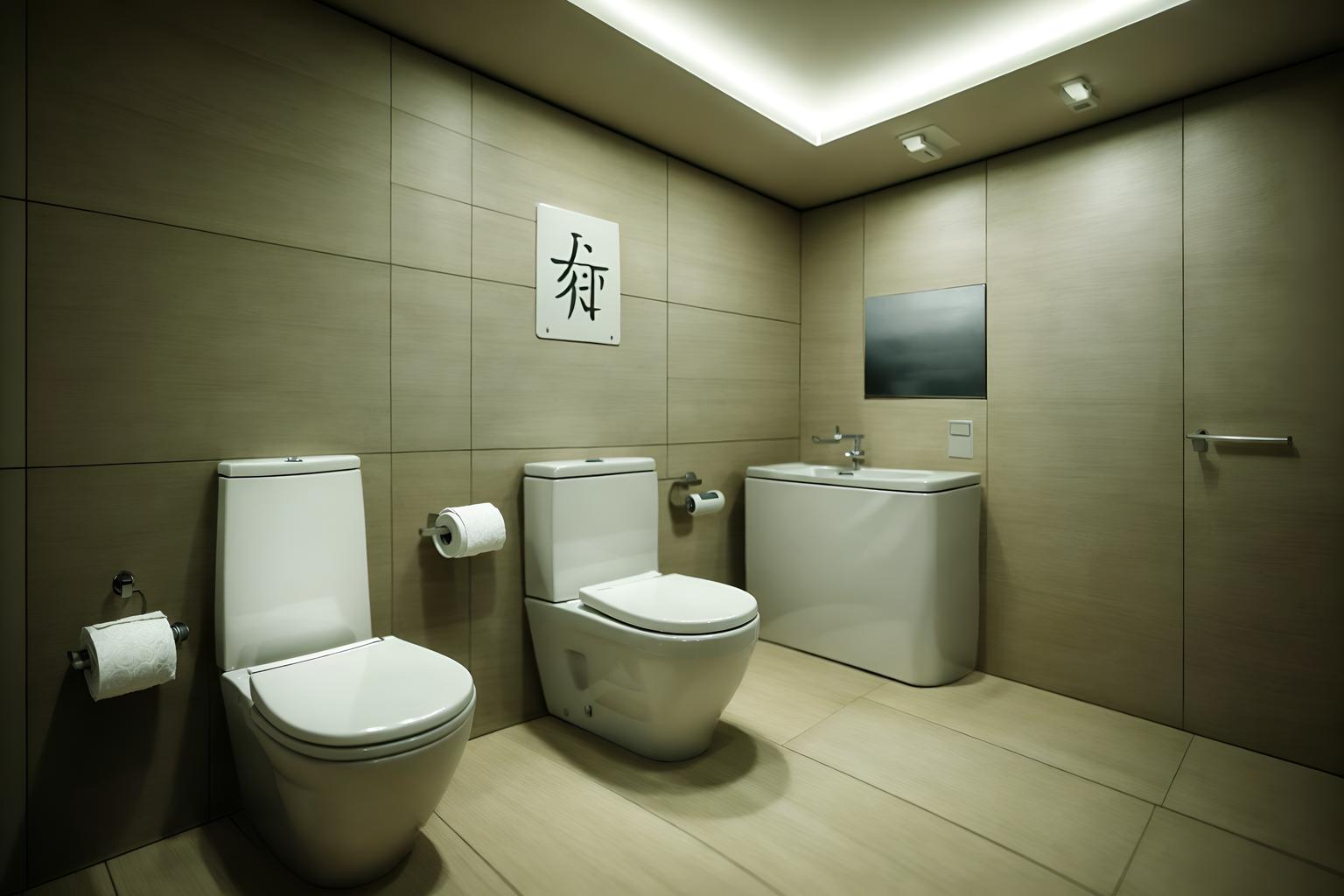japanese design-style (toilet interior) with toilet paper hanger and toilet with toilet seat up and sink with tap and toilet paper hanger. . with . . cinematic photo, highly detailed, cinematic lighting, ultra-detailed, ultrarealistic, photorealism, 8k. japanese design interior design style. masterpiece, cinematic light, ultrarealistic+, photorealistic+, 8k, raw photo, realistic, sharp focus on eyes, (symmetrical eyes), (intact eyes), hyperrealistic, highest quality, best quality, , highly detailed, masterpiece, best quality, extremely detailed 8k wallpaper, masterpiece, best quality, ultra-detailed, best shadow, detailed background, detailed face, detailed eyes, high contrast, best illumination, detailed face, dulux, caustic, dynamic angle, detailed glow. dramatic lighting. highly detailed, insanely detailed hair, symmetrical, intricate details, professionally retouched, 8k high definition. strong bokeh. award winning photo.