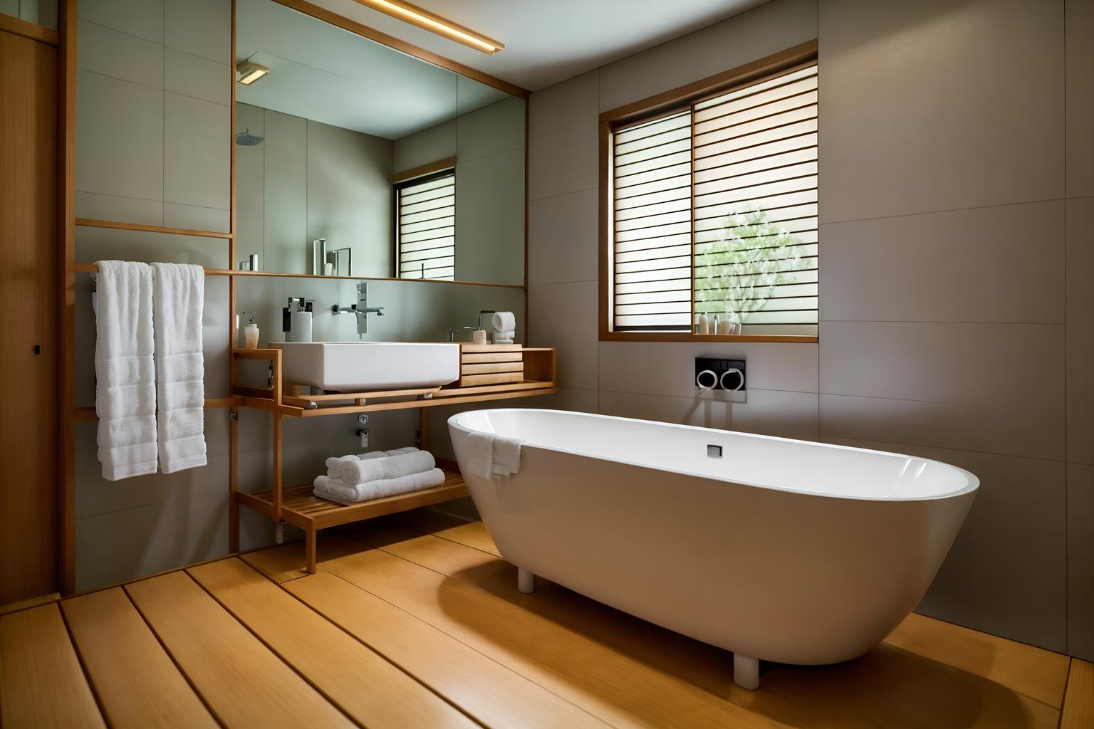 japanese design-style (bathroom interior) with waste basket and mirror and bathroom cabinet and bathtub and bath rail and shower and bathroom sink with faucet and bath towel. . with . . cinematic photo, highly detailed, cinematic lighting, ultra-detailed, ultrarealistic, photorealism, 8k. japanese design interior design style. masterpiece, cinematic light, ultrarealistic+, photorealistic+, 8k, raw photo, realistic, sharp focus on eyes, (symmetrical eyes), (intact eyes), hyperrealistic, highest quality, best quality, , highly detailed, masterpiece, best quality, extremely detailed 8k wallpaper, masterpiece, best quality, ultra-detailed, best shadow, detailed background, detailed face, detailed eyes, high contrast, best illumination, detailed face, dulux, caustic, dynamic angle, detailed glow. dramatic lighting. highly detailed, insanely detailed hair, symmetrical, intricate details, professionally retouched, 8k high definition. strong bokeh. award winning photo.