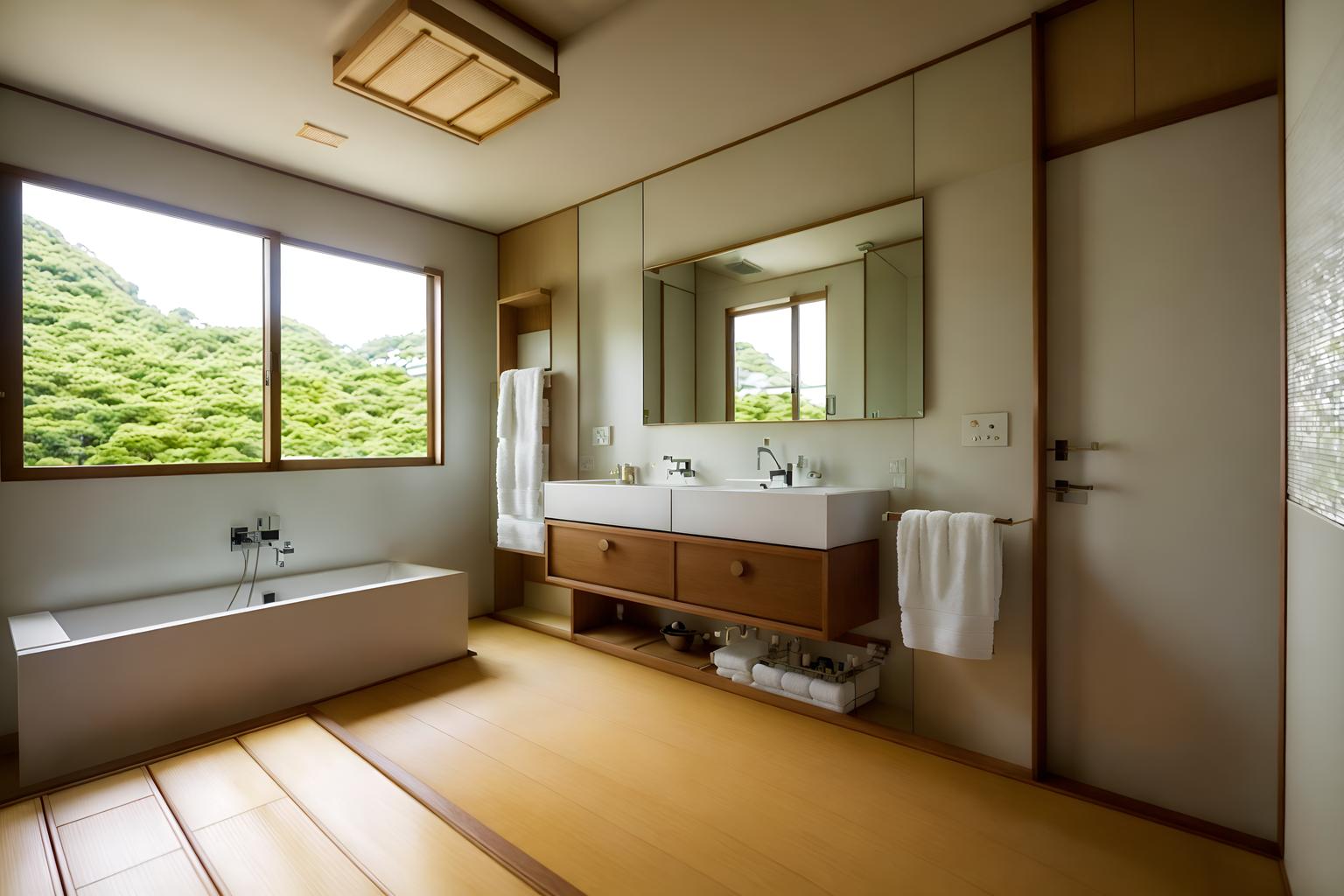 japanese design-style (bathroom interior) with waste basket and mirror and bathroom cabinet and bathtub and bath rail and shower and bathroom sink with faucet and bath towel. . with . . cinematic photo, highly detailed, cinematic lighting, ultra-detailed, ultrarealistic, photorealism, 8k. japanese design interior design style. masterpiece, cinematic light, ultrarealistic+, photorealistic+, 8k, raw photo, realistic, sharp focus on eyes, (symmetrical eyes), (intact eyes), hyperrealistic, highest quality, best quality, , highly detailed, masterpiece, best quality, extremely detailed 8k wallpaper, masterpiece, best quality, ultra-detailed, best shadow, detailed background, detailed face, detailed eyes, high contrast, best illumination, detailed face, dulux, caustic, dynamic angle, detailed glow. dramatic lighting. highly detailed, insanely detailed hair, symmetrical, intricate details, professionally retouched, 8k high definition. strong bokeh. award winning photo.