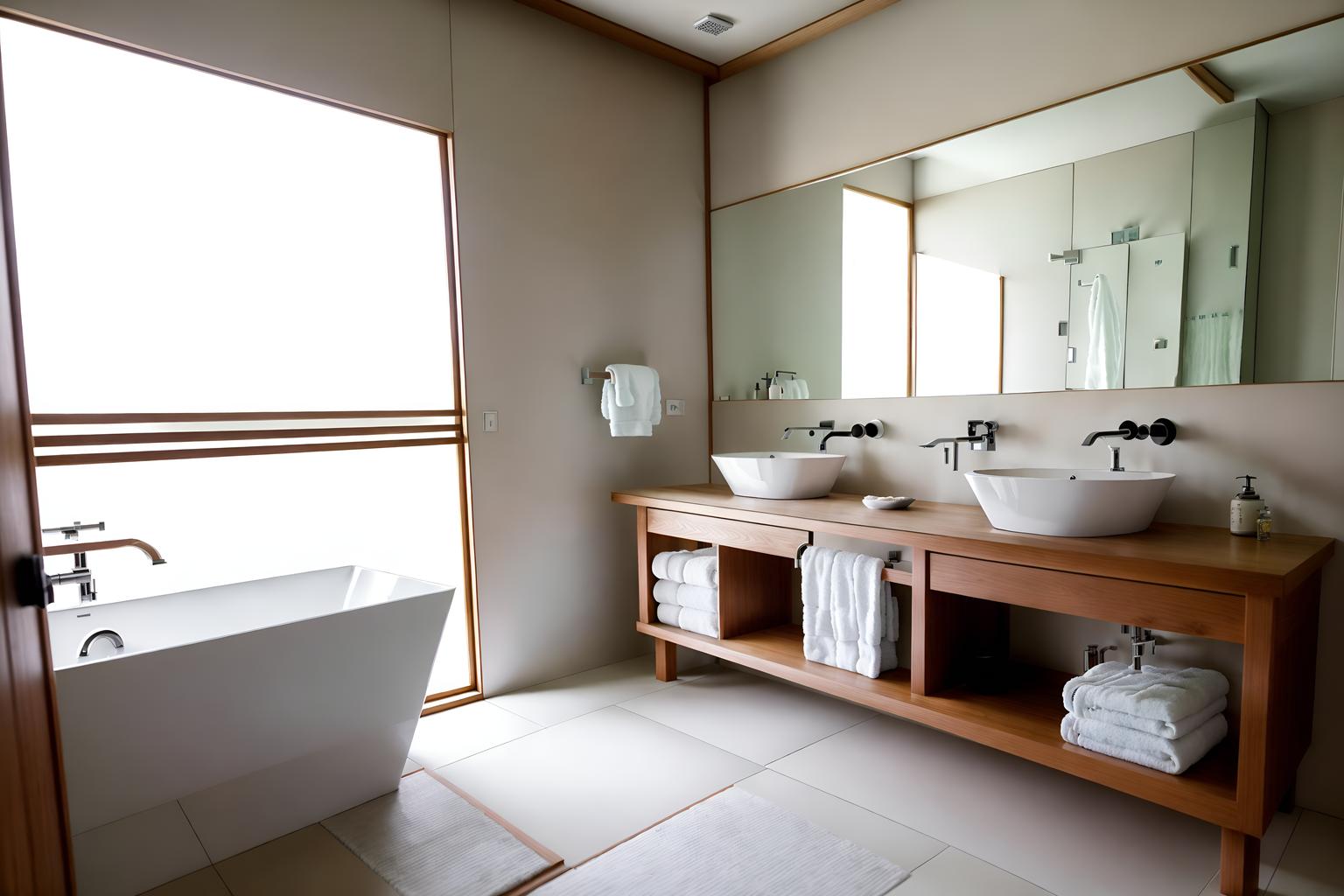 japanese design-style (bathroom interior) with waste basket and mirror and bathroom cabinet and bathtub and bath rail and shower and bathroom sink with faucet and bath towel. . with . . cinematic photo, highly detailed, cinematic lighting, ultra-detailed, ultrarealistic, photorealism, 8k. japanese design interior design style. masterpiece, cinematic light, ultrarealistic+, photorealistic+, 8k, raw photo, realistic, sharp focus on eyes, (symmetrical eyes), (intact eyes), hyperrealistic, highest quality, best quality, , highly detailed, masterpiece, best quality, extremely detailed 8k wallpaper, masterpiece, best quality, ultra-detailed, best shadow, detailed background, detailed face, detailed eyes, high contrast, best illumination, detailed face, dulux, caustic, dynamic angle, detailed glow. dramatic lighting. highly detailed, insanely detailed hair, symmetrical, intricate details, professionally retouched, 8k high definition. strong bokeh. award winning photo.