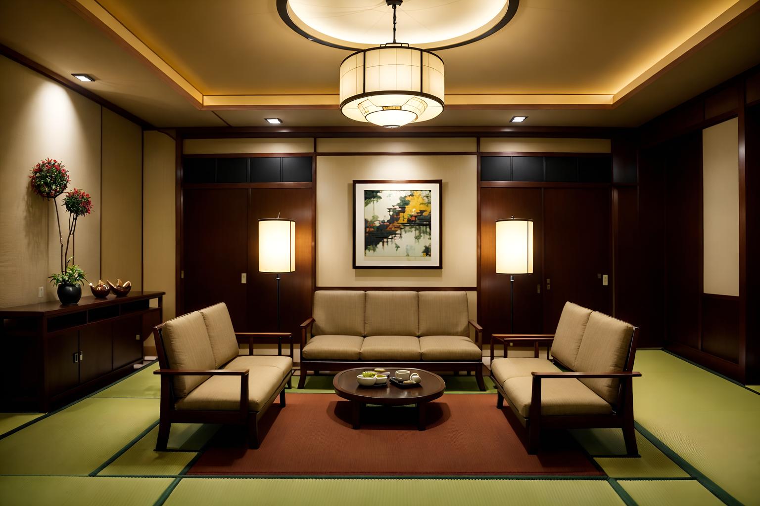 japanese design-style (hotel lobby interior) with sofas and rug and hanging lamps and lounge chairs and plant and furniture and coffee tables and check in desk. . with . . cinematic photo, highly detailed, cinematic lighting, ultra-detailed, ultrarealistic, photorealism, 8k. japanese design interior design style. masterpiece, cinematic light, ultrarealistic+, photorealistic+, 8k, raw photo, realistic, sharp focus on eyes, (symmetrical eyes), (intact eyes), hyperrealistic, highest quality, best quality, , highly detailed, masterpiece, best quality, extremely detailed 8k wallpaper, masterpiece, best quality, ultra-detailed, best shadow, detailed background, detailed face, detailed eyes, high contrast, best illumination, detailed face, dulux, caustic, dynamic angle, detailed glow. dramatic lighting. highly detailed, insanely detailed hair, symmetrical, intricate details, professionally retouched, 8k high definition. strong bokeh. award winning photo.