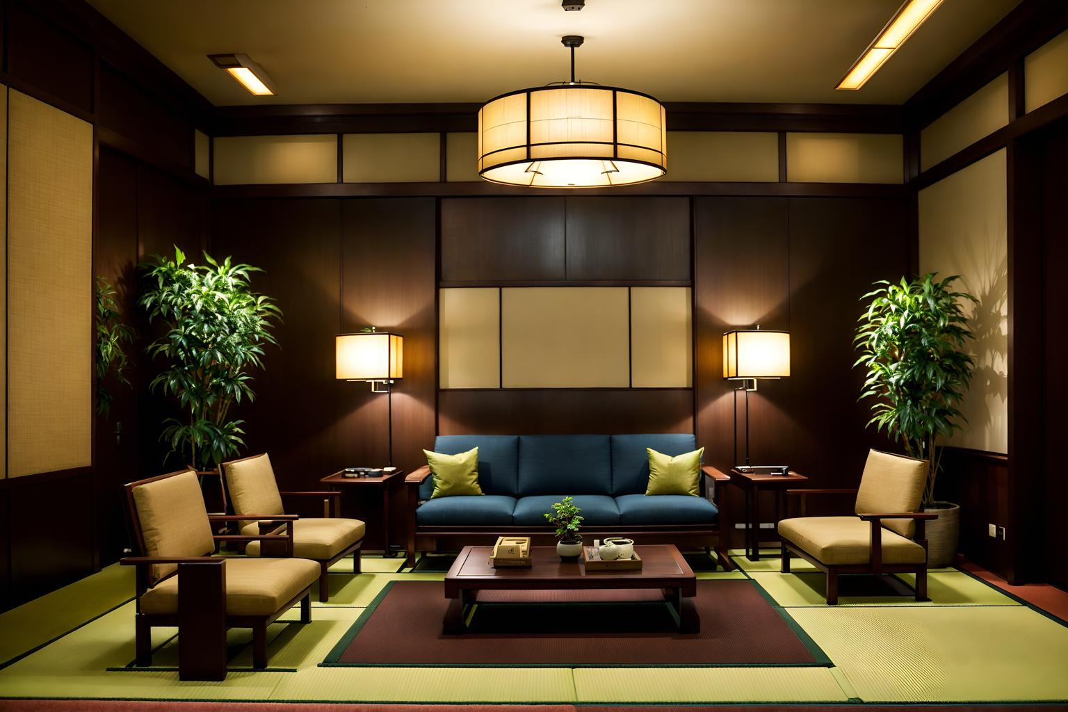 japanese design-style (hotel lobby interior) with sofas and rug and hanging lamps and lounge chairs and plant and furniture and coffee tables and check in desk. . with . . cinematic photo, highly detailed, cinematic lighting, ultra-detailed, ultrarealistic, photorealism, 8k. japanese design interior design style. masterpiece, cinematic light, ultrarealistic+, photorealistic+, 8k, raw photo, realistic, sharp focus on eyes, (symmetrical eyes), (intact eyes), hyperrealistic, highest quality, best quality, , highly detailed, masterpiece, best quality, extremely detailed 8k wallpaper, masterpiece, best quality, ultra-detailed, best shadow, detailed background, detailed face, detailed eyes, high contrast, best illumination, detailed face, dulux, caustic, dynamic angle, detailed glow. dramatic lighting. highly detailed, insanely detailed hair, symmetrical, intricate details, professionally retouched, 8k high definition. strong bokeh. award winning photo.