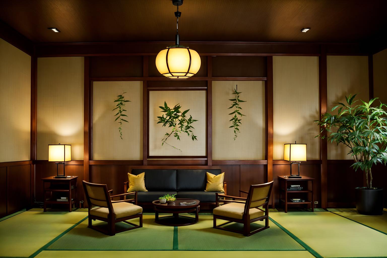 japanese design-style (hotel lobby interior) with sofas and rug and hanging lamps and lounge chairs and plant and furniture and coffee tables and check in desk. . with . . cinematic photo, highly detailed, cinematic lighting, ultra-detailed, ultrarealistic, photorealism, 8k. japanese design interior design style. masterpiece, cinematic light, ultrarealistic+, photorealistic+, 8k, raw photo, realistic, sharp focus on eyes, (symmetrical eyes), (intact eyes), hyperrealistic, highest quality, best quality, , highly detailed, masterpiece, best quality, extremely detailed 8k wallpaper, masterpiece, best quality, ultra-detailed, best shadow, detailed background, detailed face, detailed eyes, high contrast, best illumination, detailed face, dulux, caustic, dynamic angle, detailed glow. dramatic lighting. highly detailed, insanely detailed hair, symmetrical, intricate details, professionally retouched, 8k high definition. strong bokeh. award winning photo.