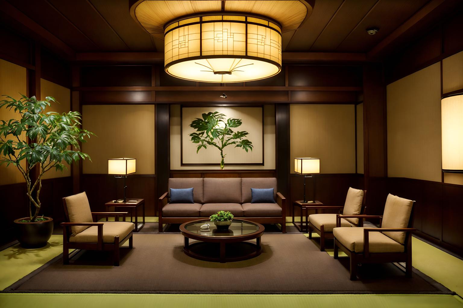 japanese design-style (hotel lobby interior) with sofas and rug and hanging lamps and lounge chairs and plant and furniture and coffee tables and check in desk. . with . . cinematic photo, highly detailed, cinematic lighting, ultra-detailed, ultrarealistic, photorealism, 8k. japanese design interior design style. masterpiece, cinematic light, ultrarealistic+, photorealistic+, 8k, raw photo, realistic, sharp focus on eyes, (symmetrical eyes), (intact eyes), hyperrealistic, highest quality, best quality, , highly detailed, masterpiece, best quality, extremely detailed 8k wallpaper, masterpiece, best quality, ultra-detailed, best shadow, detailed background, detailed face, detailed eyes, high contrast, best illumination, detailed face, dulux, caustic, dynamic angle, detailed glow. dramatic lighting. highly detailed, insanely detailed hair, symmetrical, intricate details, professionally retouched, 8k high definition. strong bokeh. award winning photo.