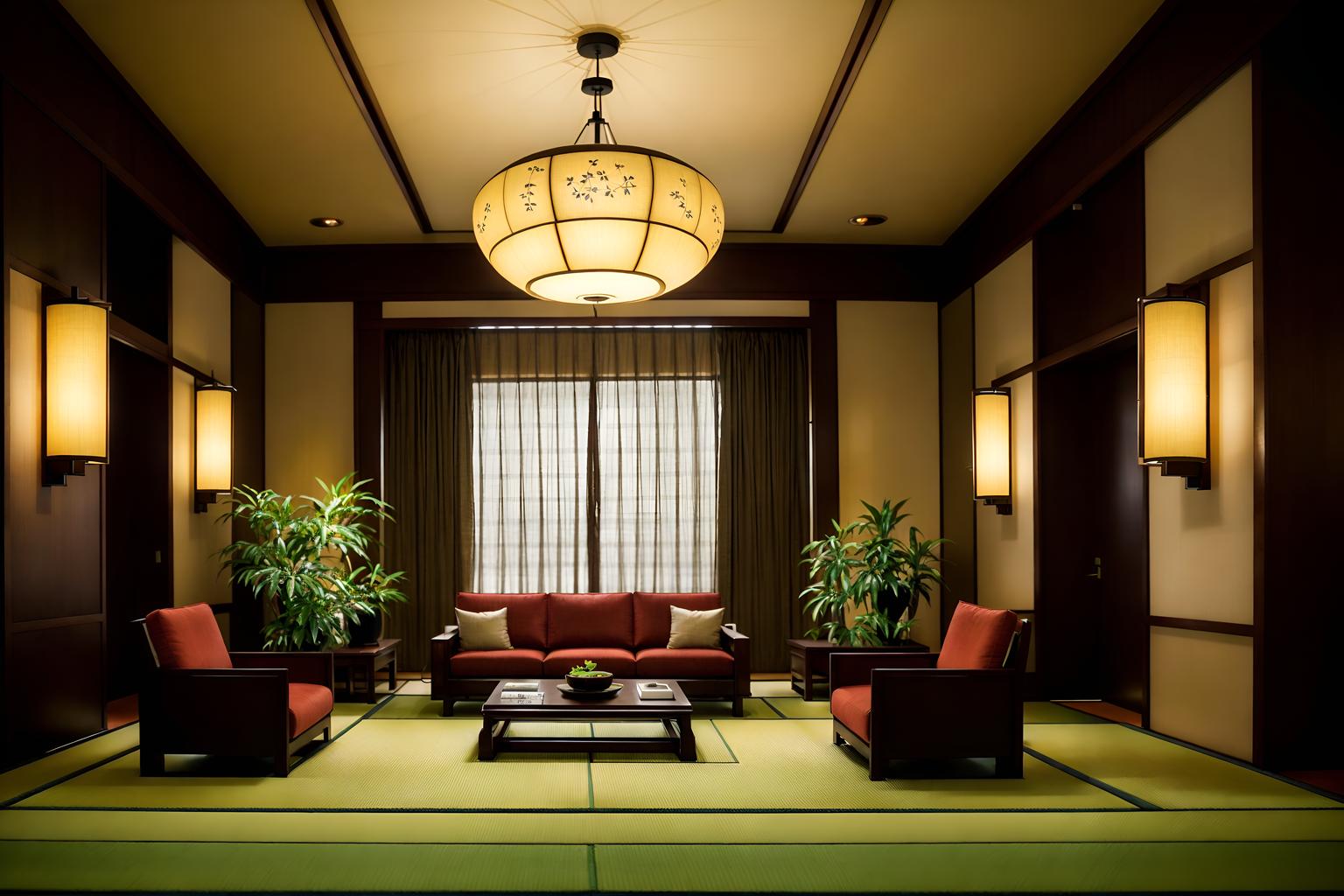 japanese design-style (hotel lobby interior) with sofas and rug and hanging lamps and lounge chairs and plant and furniture and coffee tables and check in desk. . with . . cinematic photo, highly detailed, cinematic lighting, ultra-detailed, ultrarealistic, photorealism, 8k. japanese design interior design style. masterpiece, cinematic light, ultrarealistic+, photorealistic+, 8k, raw photo, realistic, sharp focus on eyes, (symmetrical eyes), (intact eyes), hyperrealistic, highest quality, best quality, , highly detailed, masterpiece, best quality, extremely detailed 8k wallpaper, masterpiece, best quality, ultra-detailed, best shadow, detailed background, detailed face, detailed eyes, high contrast, best illumination, detailed face, dulux, caustic, dynamic angle, detailed glow. dramatic lighting. highly detailed, insanely detailed hair, symmetrical, intricate details, professionally retouched, 8k high definition. strong bokeh. award winning photo.