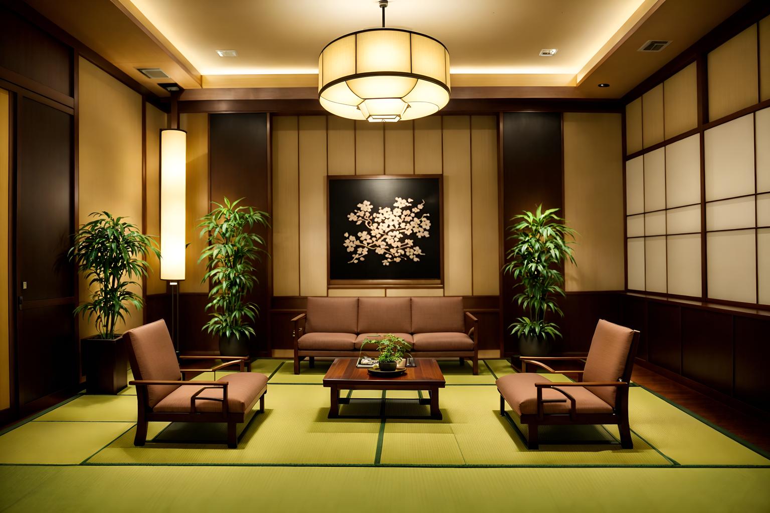 japanese design-style (hotel lobby interior) with sofas and rug and hanging lamps and lounge chairs and plant and furniture and coffee tables and check in desk. . with . . cinematic photo, highly detailed, cinematic lighting, ultra-detailed, ultrarealistic, photorealism, 8k. japanese design interior design style. masterpiece, cinematic light, ultrarealistic+, photorealistic+, 8k, raw photo, realistic, sharp focus on eyes, (symmetrical eyes), (intact eyes), hyperrealistic, highest quality, best quality, , highly detailed, masterpiece, best quality, extremely detailed 8k wallpaper, masterpiece, best quality, ultra-detailed, best shadow, detailed background, detailed face, detailed eyes, high contrast, best illumination, detailed face, dulux, caustic, dynamic angle, detailed glow. dramatic lighting. highly detailed, insanely detailed hair, symmetrical, intricate details, professionally retouched, 8k high definition. strong bokeh. award winning photo.