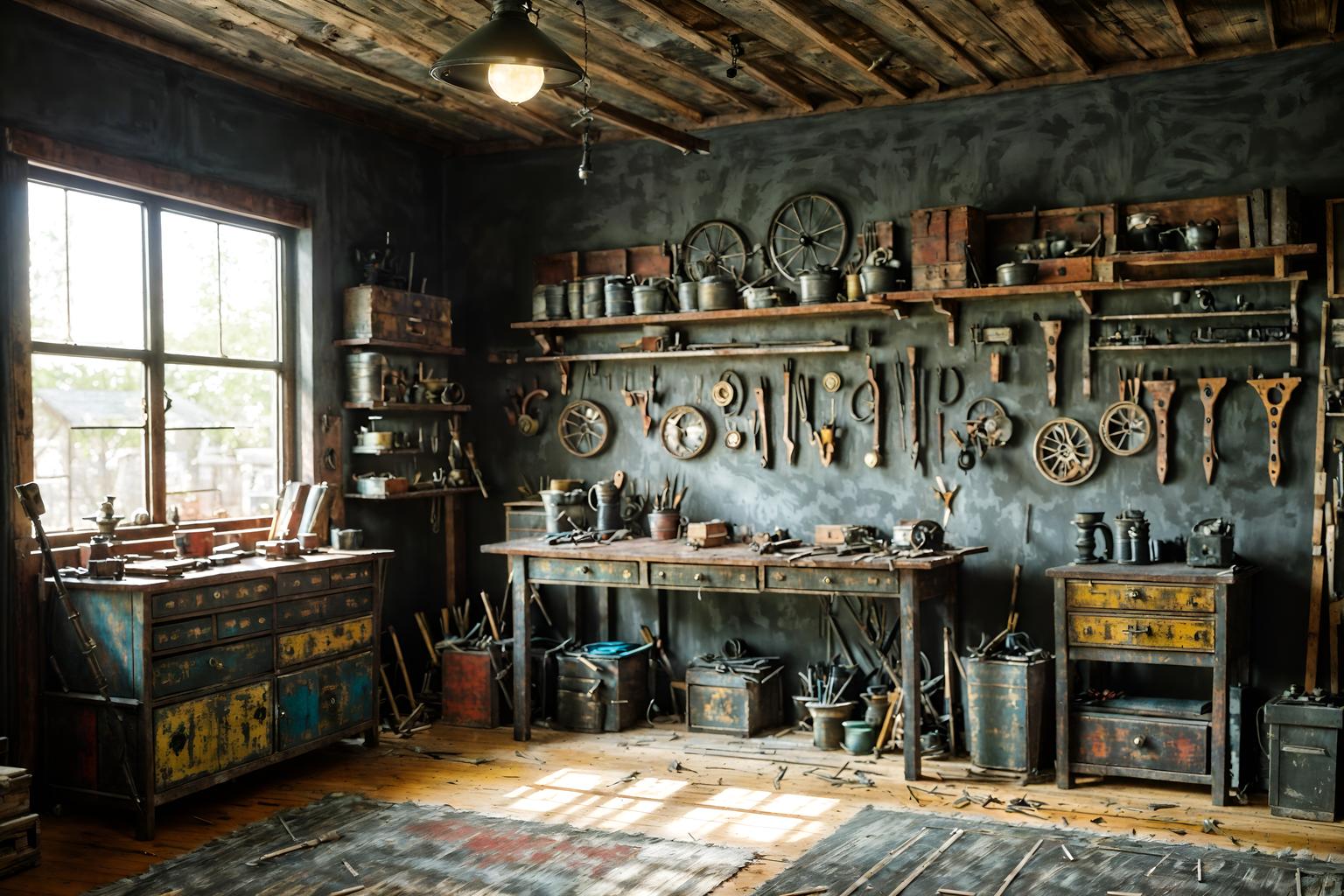 eclectic-style (workshop interior) with tool wall and messy and wooden workbench and tool wall. . . cinematic photo, highly detailed, cinematic lighting, ultra-detailed, ultrarealistic, photorealism, 8k. eclectic interior design style. masterpiece, cinematic light, ultrarealistic+, photorealistic+, 8k, raw photo, realistic, sharp focus on eyes, (symmetrical eyes), (intact eyes), hyperrealistic, highest quality, best quality, , highly detailed, masterpiece, best quality, extremely detailed 8k wallpaper, masterpiece, best quality, ultra-detailed, best shadow, detailed background, detailed face, detailed eyes, high contrast, best illumination, detailed face, dulux, caustic, dynamic angle, detailed glow. dramatic lighting. highly detailed, insanely detailed hair, symmetrical, intricate details, professionally retouched, 8k high definition. strong bokeh. award winning photo.