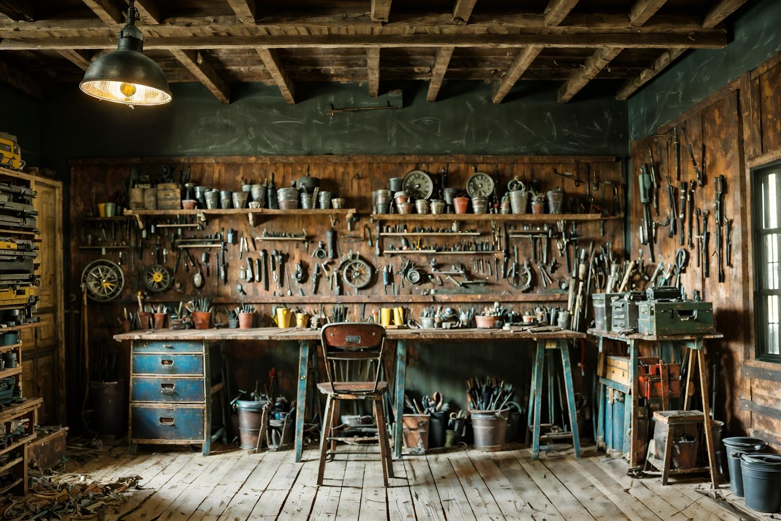 eclectic-style (workshop interior) with tool wall and messy and wooden workbench and tool wall. . . cinematic photo, highly detailed, cinematic lighting, ultra-detailed, ultrarealistic, photorealism, 8k. eclectic interior design style. masterpiece, cinematic light, ultrarealistic+, photorealistic+, 8k, raw photo, realistic, sharp focus on eyes, (symmetrical eyes), (intact eyes), hyperrealistic, highest quality, best quality, , highly detailed, masterpiece, best quality, extremely detailed 8k wallpaper, masterpiece, best quality, ultra-detailed, best shadow, detailed background, detailed face, detailed eyes, high contrast, best illumination, detailed face, dulux, caustic, dynamic angle, detailed glow. dramatic lighting. highly detailed, insanely detailed hair, symmetrical, intricate details, professionally retouched, 8k high definition. strong bokeh. award winning photo.