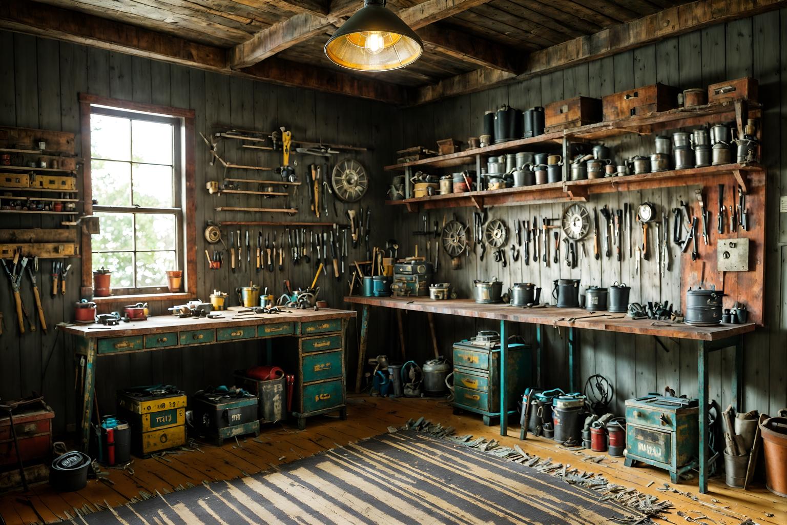 eclectic-style (workshop interior) with tool wall and messy and wooden workbench and tool wall. . . cinematic photo, highly detailed, cinematic lighting, ultra-detailed, ultrarealistic, photorealism, 8k. eclectic interior design style. masterpiece, cinematic light, ultrarealistic+, photorealistic+, 8k, raw photo, realistic, sharp focus on eyes, (symmetrical eyes), (intact eyes), hyperrealistic, highest quality, best quality, , highly detailed, masterpiece, best quality, extremely detailed 8k wallpaper, masterpiece, best quality, ultra-detailed, best shadow, detailed background, detailed face, detailed eyes, high contrast, best illumination, detailed face, dulux, caustic, dynamic angle, detailed glow. dramatic lighting. highly detailed, insanely detailed hair, symmetrical, intricate details, professionally retouched, 8k high definition. strong bokeh. award winning photo.